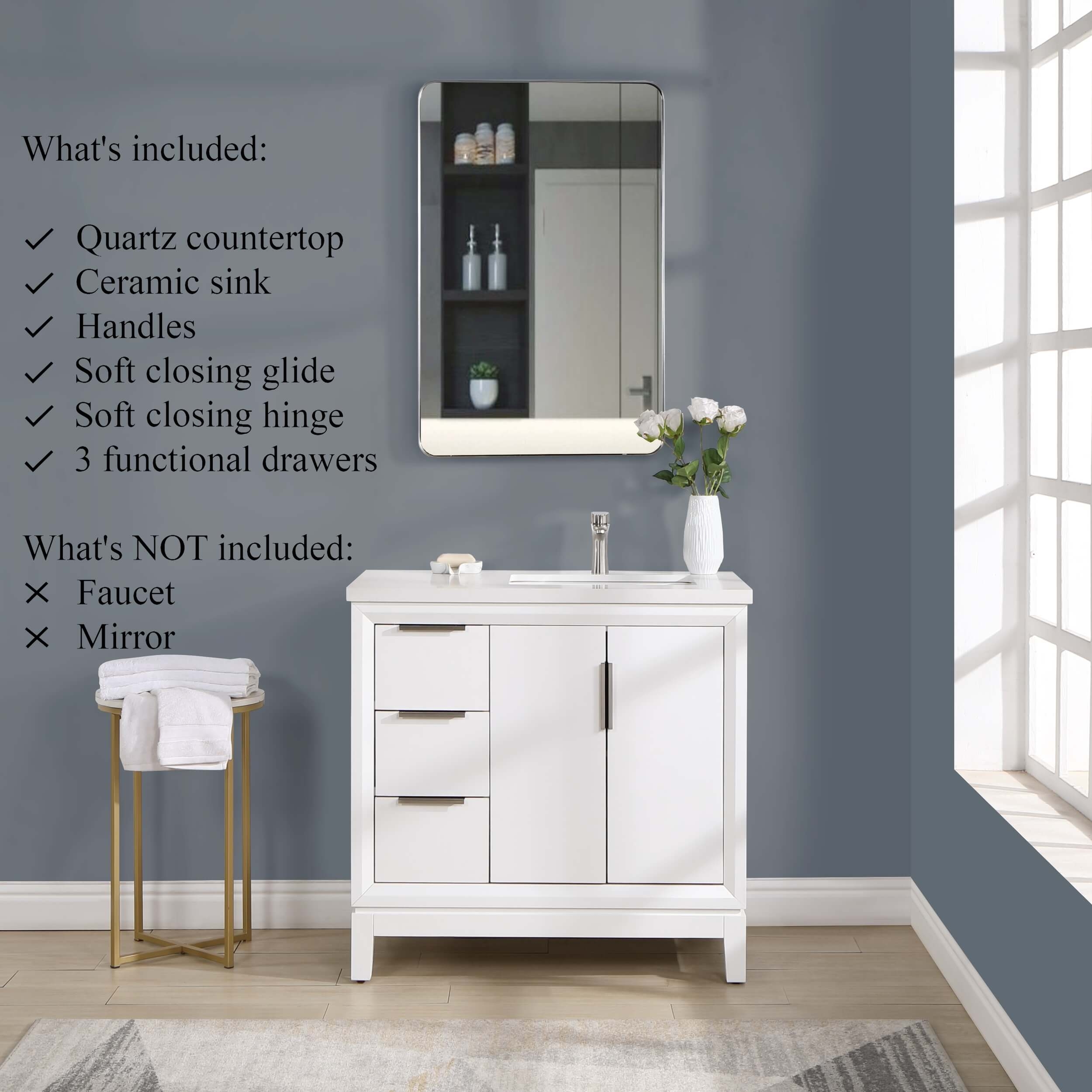 Valencia 36" Solid Wood Right Sink Free-standing Vanity with Quartz Countertop & Ceramic Sink