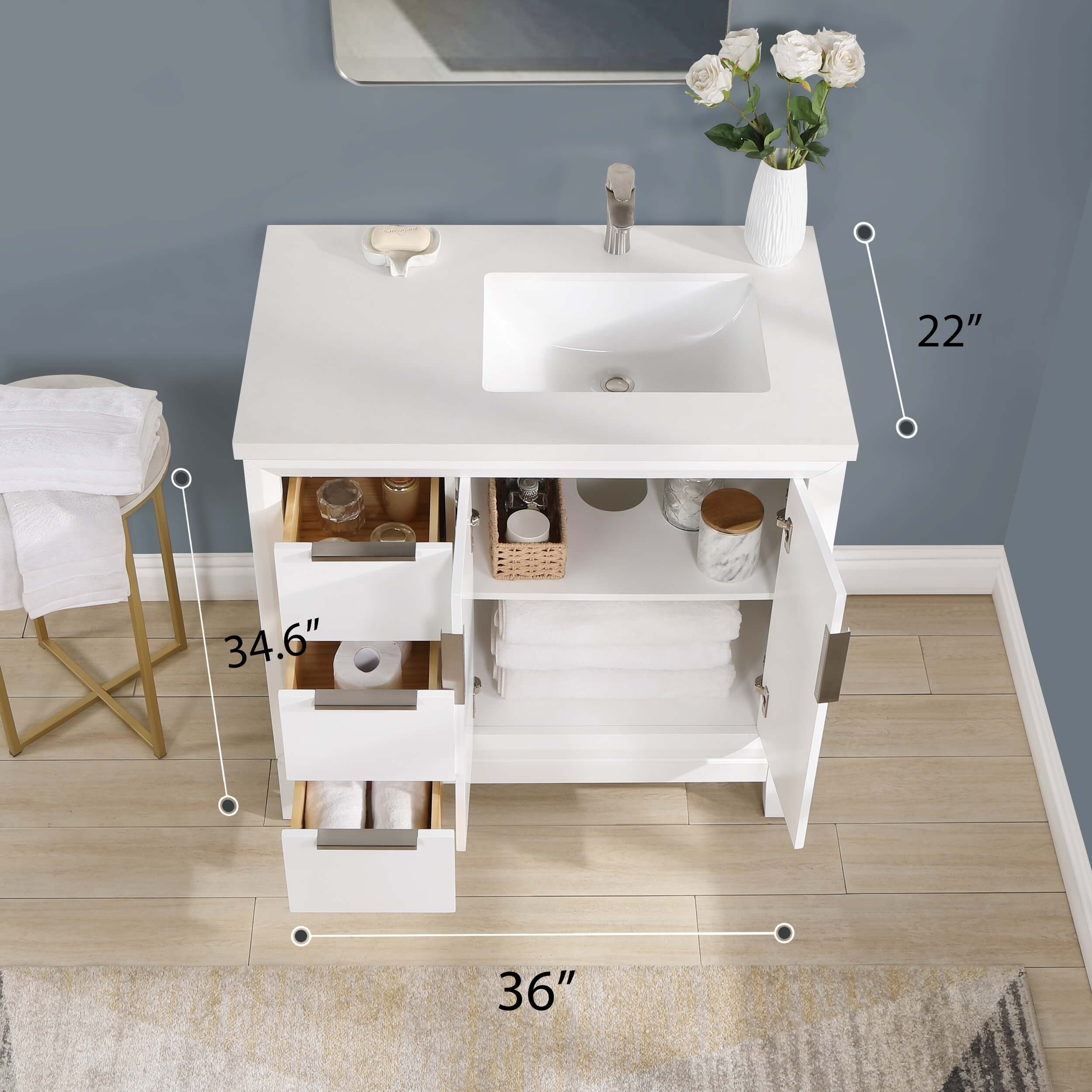 Valencia 36" Solid Wood Right Sink Free-standing Vanity with Quartz Countertop & Ceramic Sink