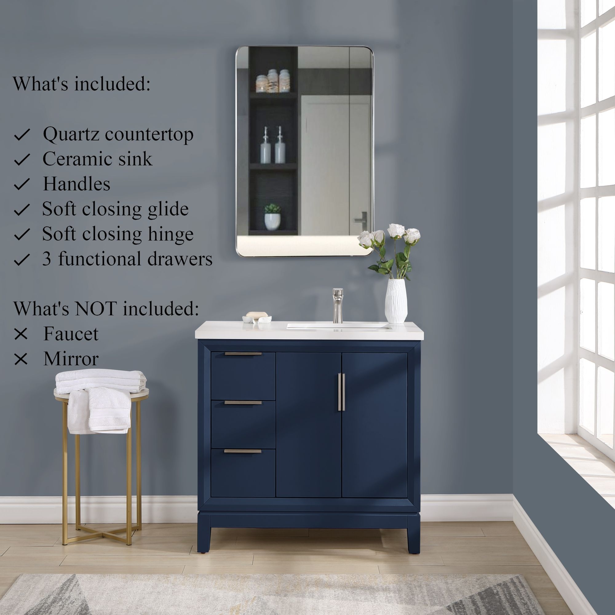 Valencia 36" Solid Wood Right Sink Free-standing Vanity with Quartz Countertop & Ceramic Sink