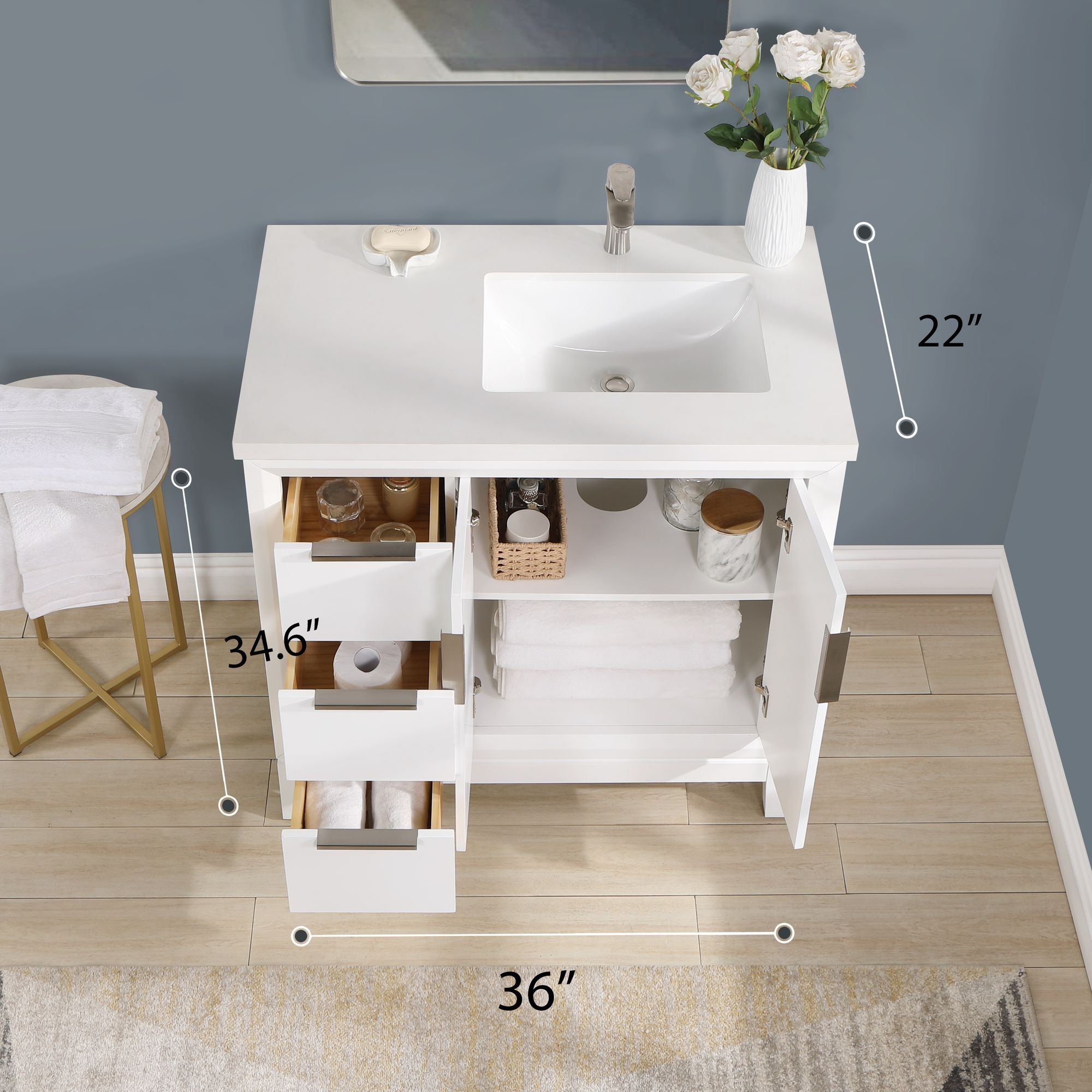 Valencia 36" Solid Wood Right Sink Free-standing Vanity with Quartz Countertop & Ceramic Sink
