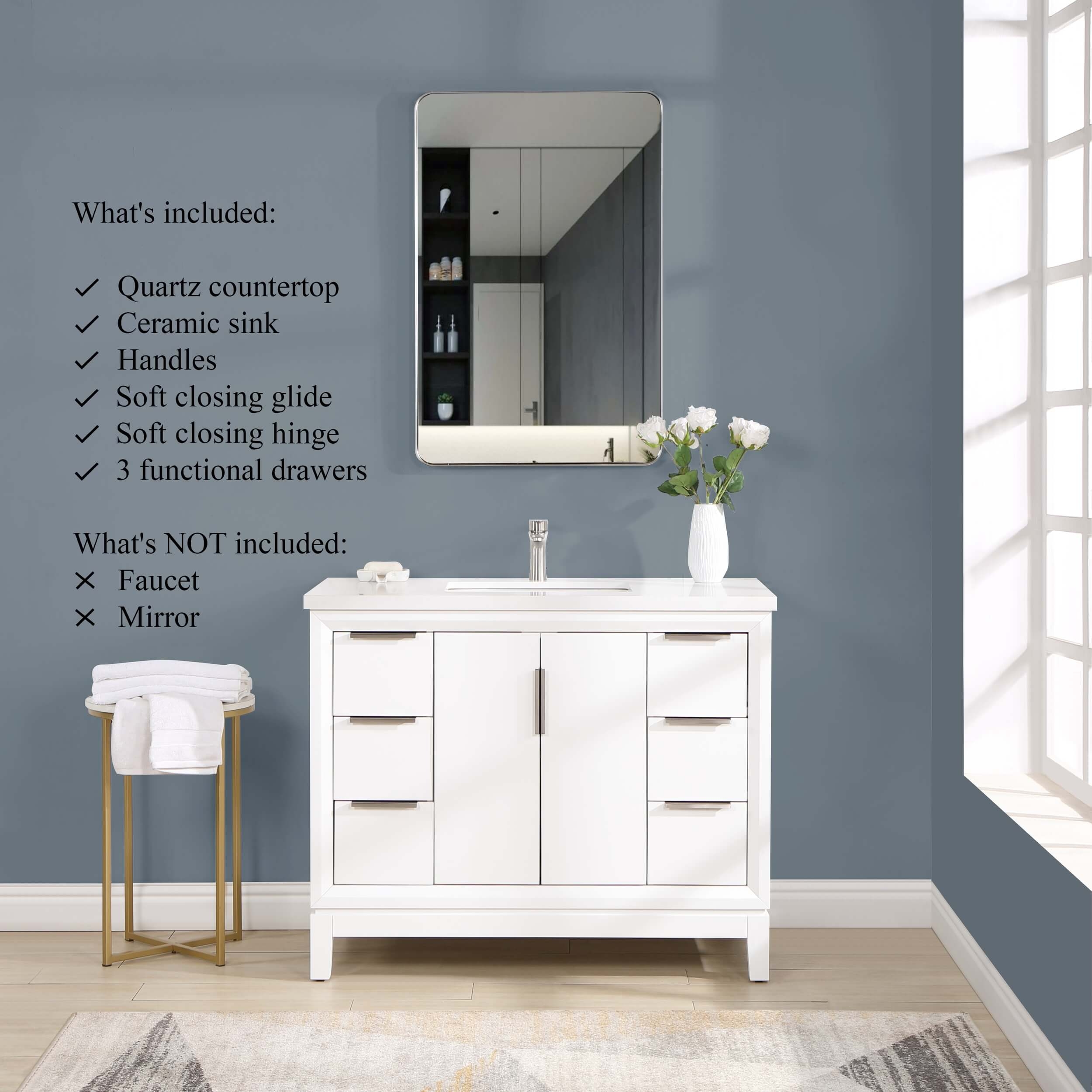 Valencia 42" Solid Wood Single Sink Free-standing Vanity with Quartz Countertop & Ceramic Sink