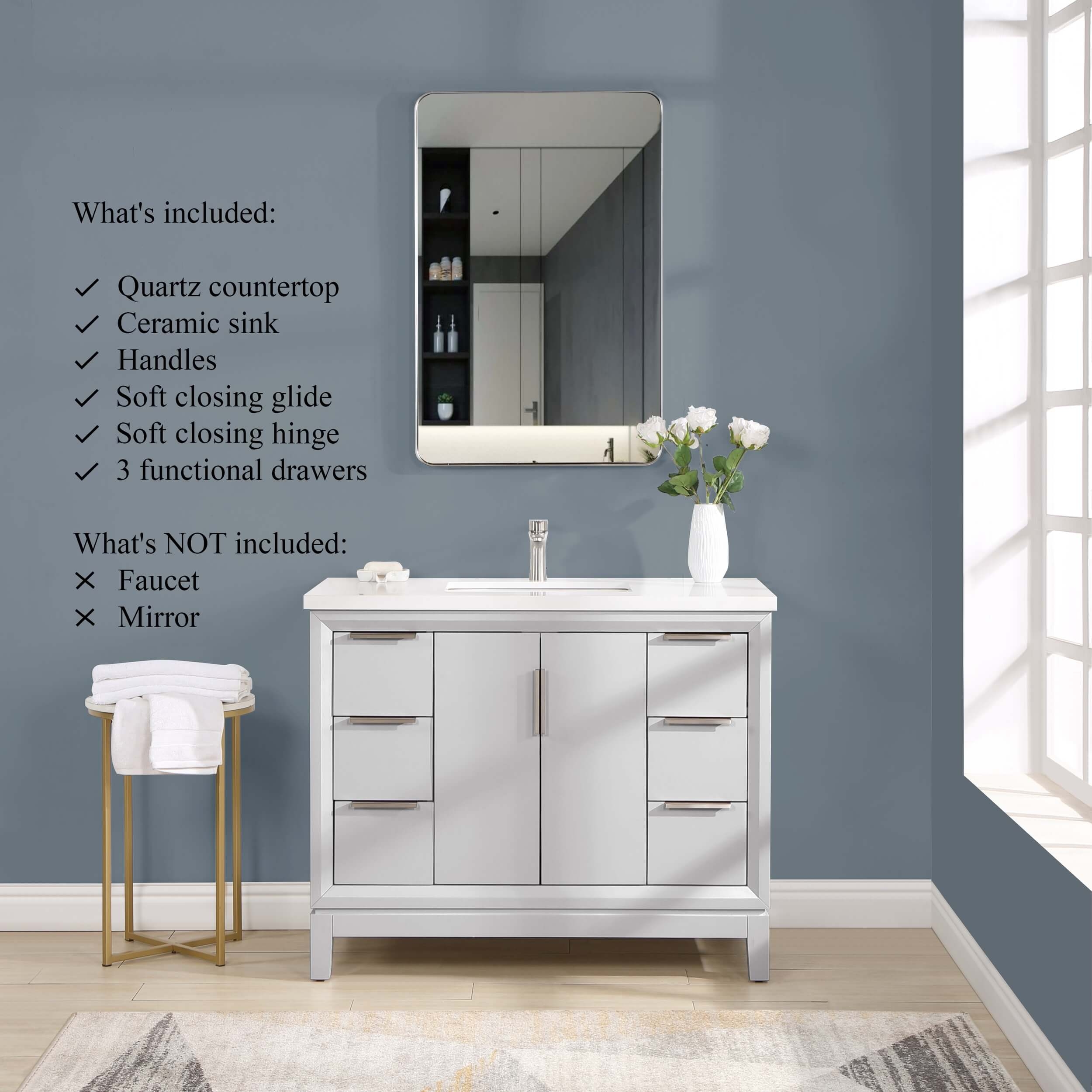 Valencia 42" Solid Wood Single Sink Free-standing Vanity with Quartz Countertop & Ceramic Sink