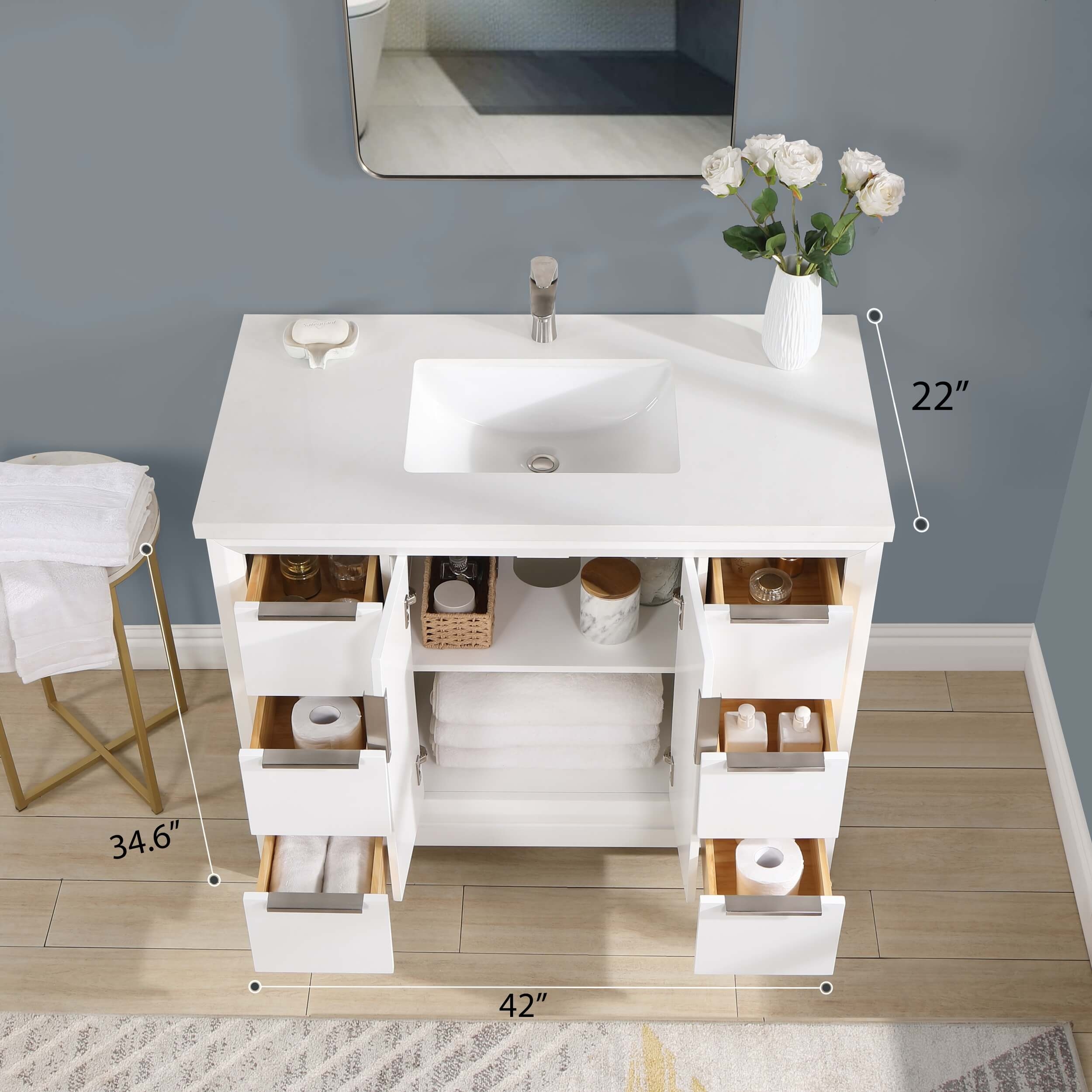 Valencia 42" Solid Wood Single Sink Free-standing Vanity with Quartz Countertop & Ceramic Sink
