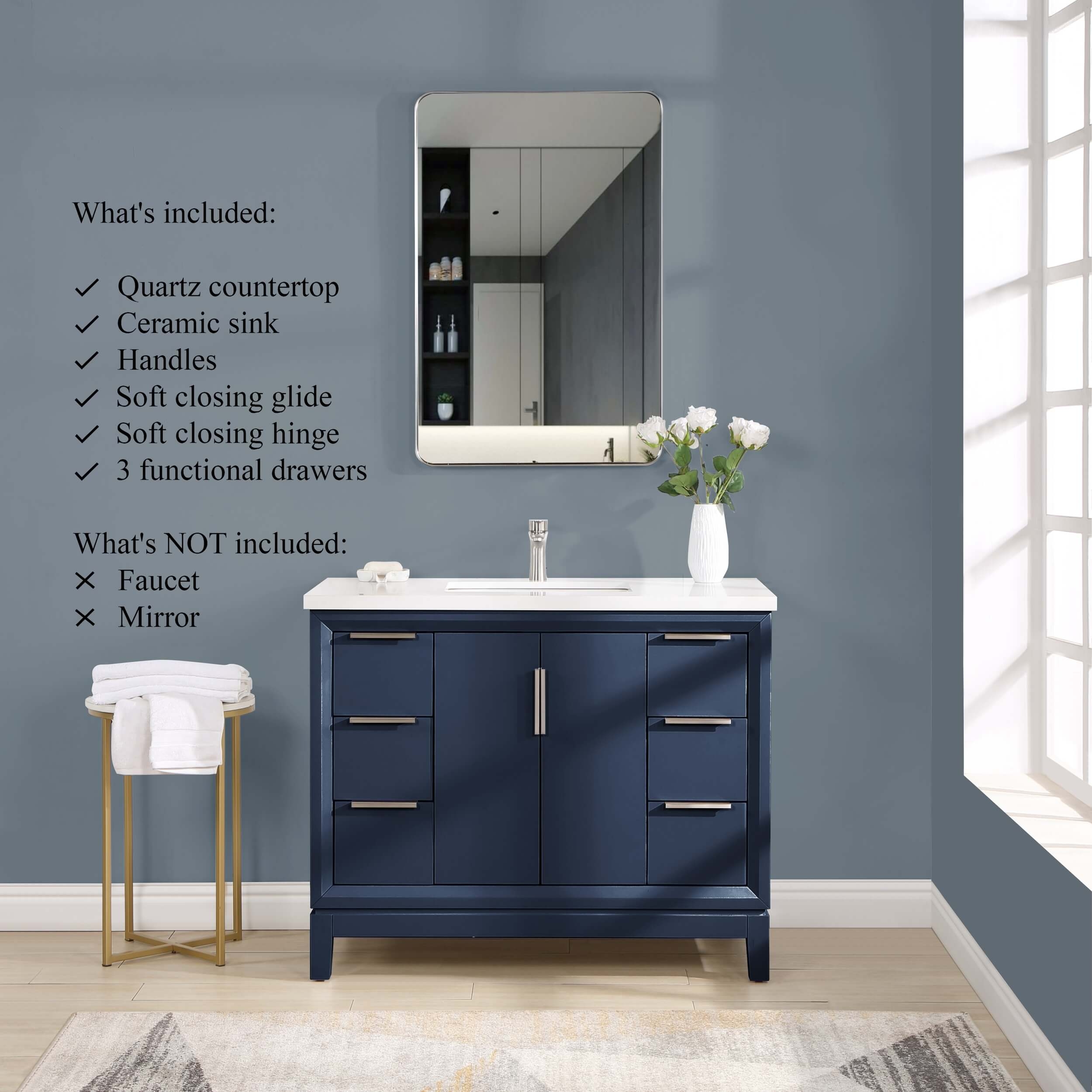 Valencia 42" Solid Wood Single Sink Free-standing Vanity with Quartz Countertop & Ceramic Sink