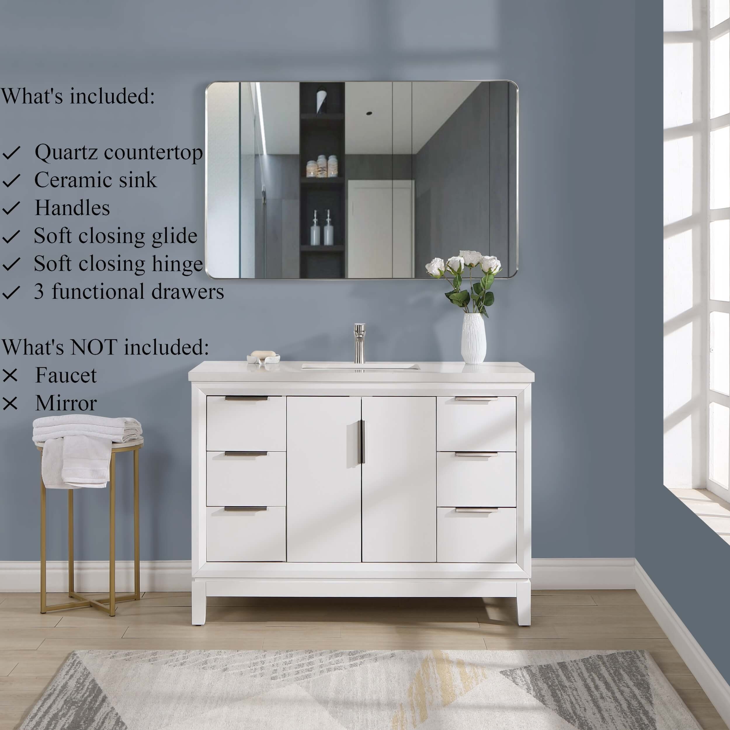 Valencia 48" Solid Wood Single Sink Free-standing Vanity with Quartz Countertop & Ceramic Sink