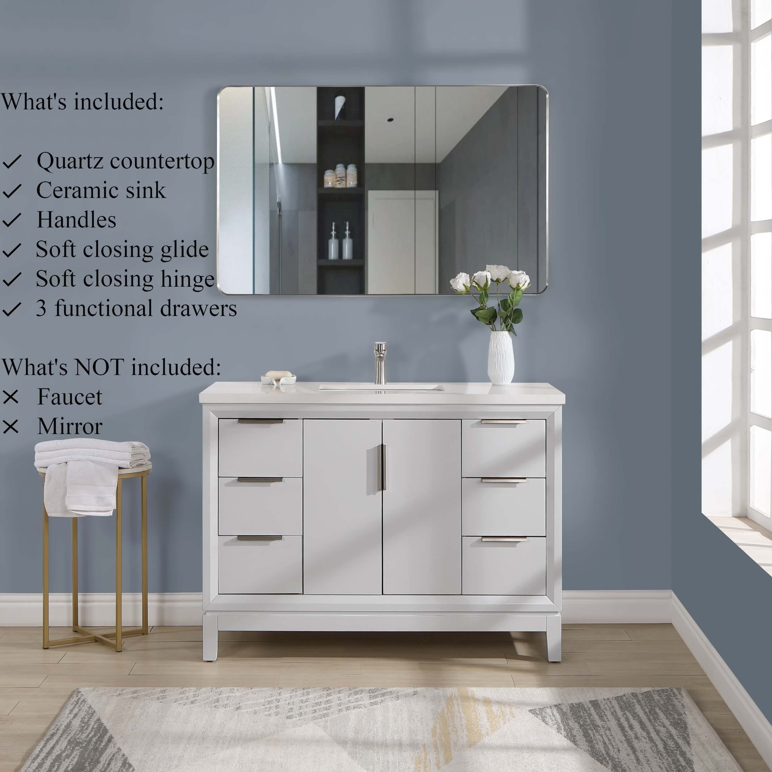Valencia 48" Solid Wood Single Sink Free-standing Vanity with Quartz Countertop & Ceramic Sink
