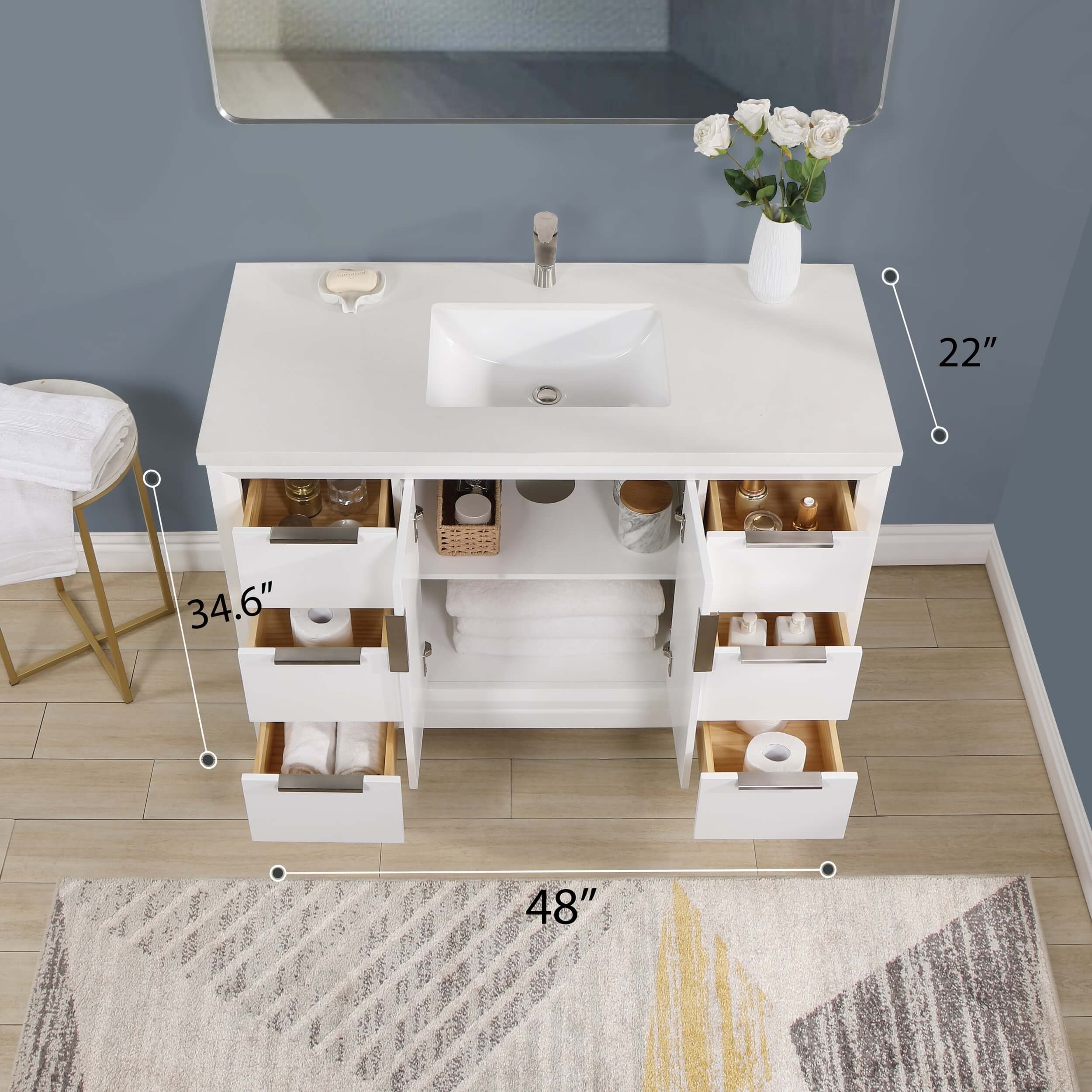 Valencia 48" Solid Wood Single Sink Free-standing Vanity with Quartz Countertop & Ceramic Sink