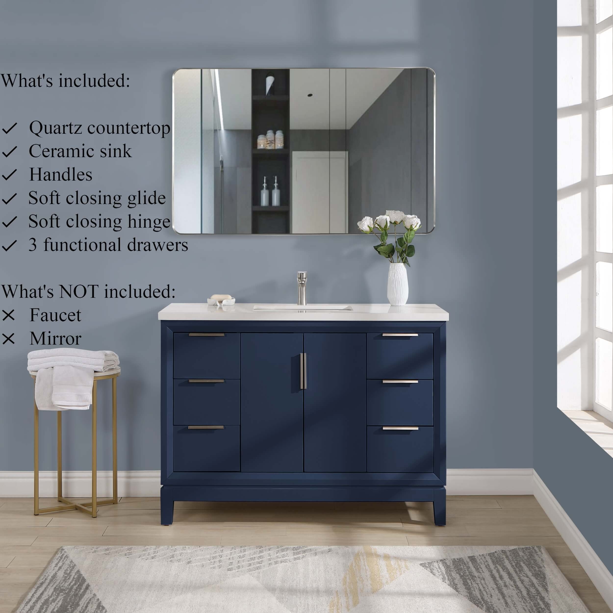 Valencia 48" Solid Wood Single Sink Free-standing Vanity with Quartz Countertop & Ceramic Sink