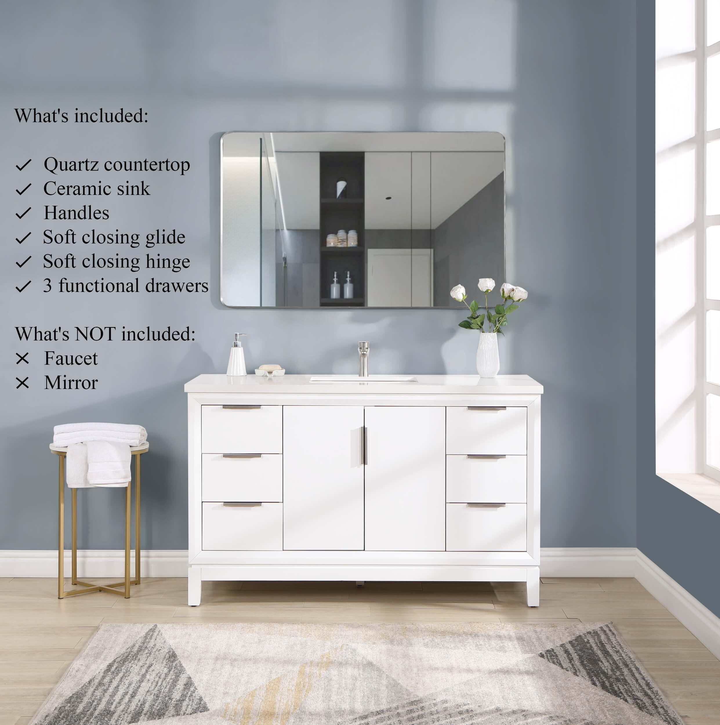 Valencia 55" Solid Wood Single Sink Free-standing Vanity with Quartz Countertop & Ceramic Sink