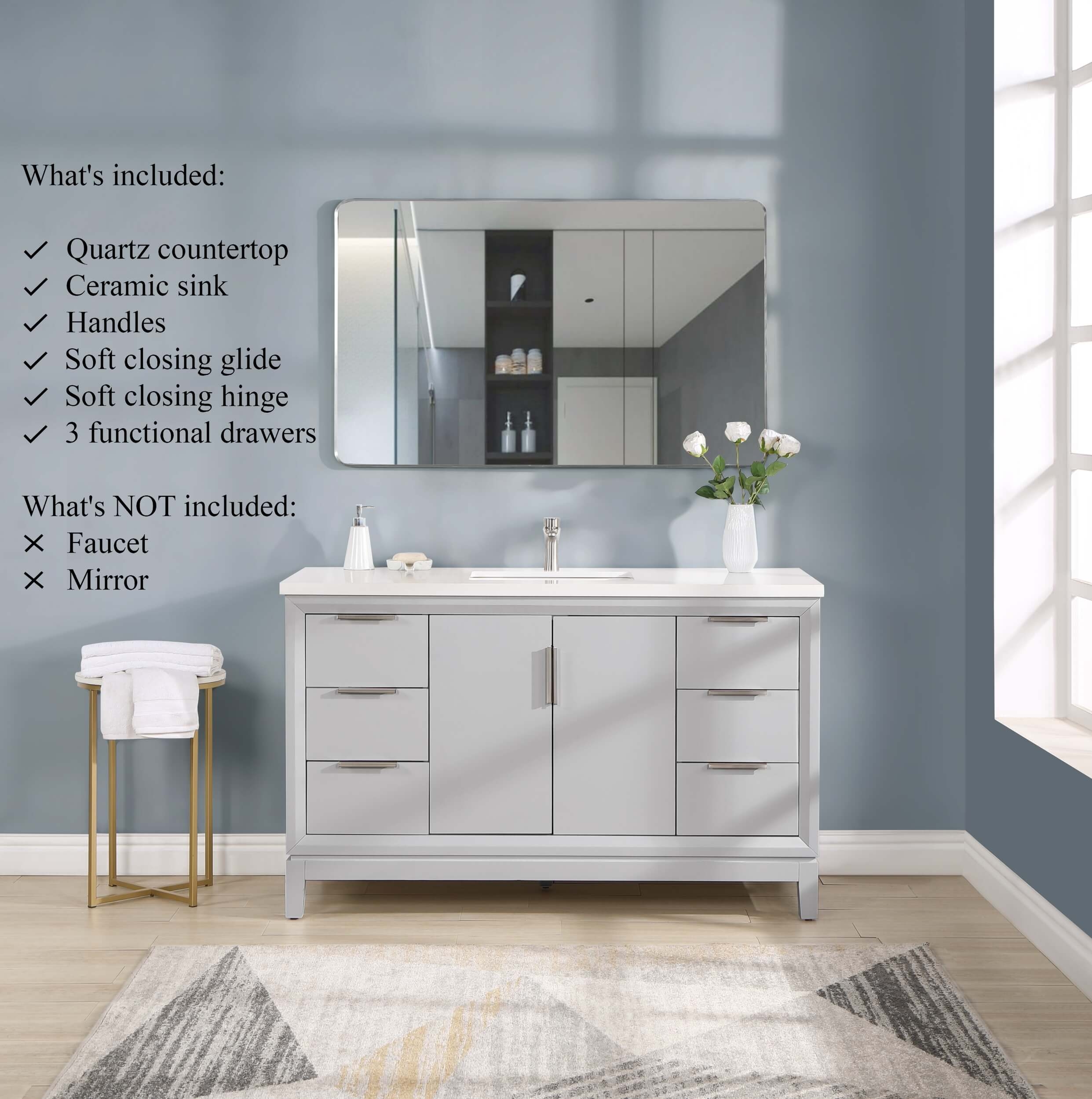 Valencia 55" Solid Wood Single Sink Free-standing Vanity with Quartz Countertop & Ceramic Sink