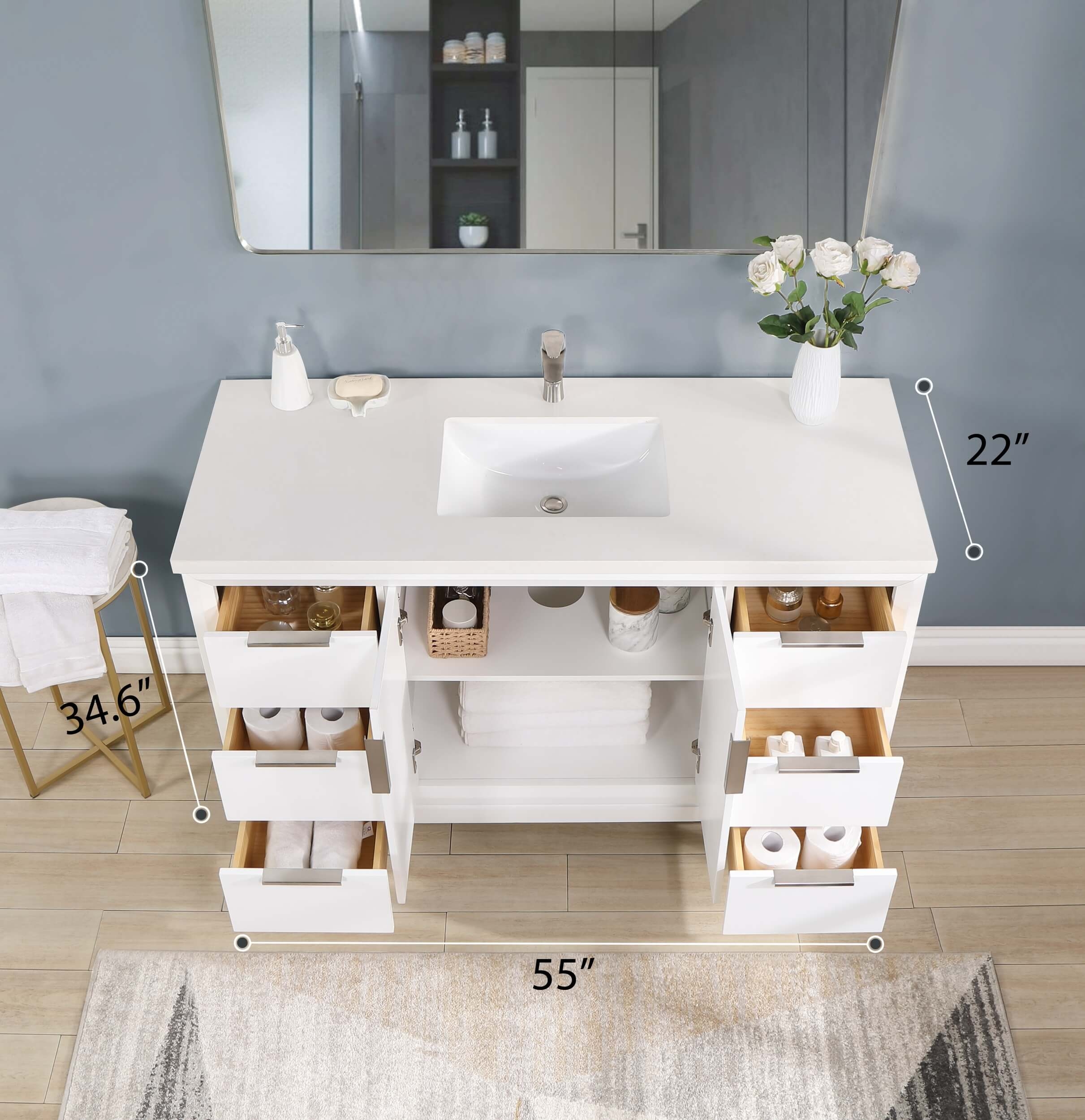 Valencia 55" Solid Wood Single Sink Free-standing Vanity with Quartz Countertop & Ceramic Sink