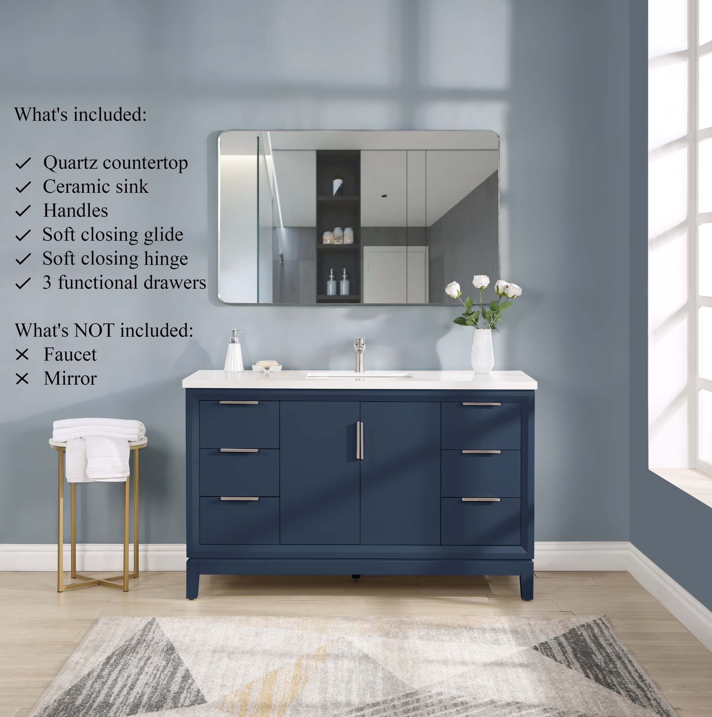 Valencia 55" Solid Wood Single Sink Free-standing Vanity with Quartz Countertop & Ceramic Sink