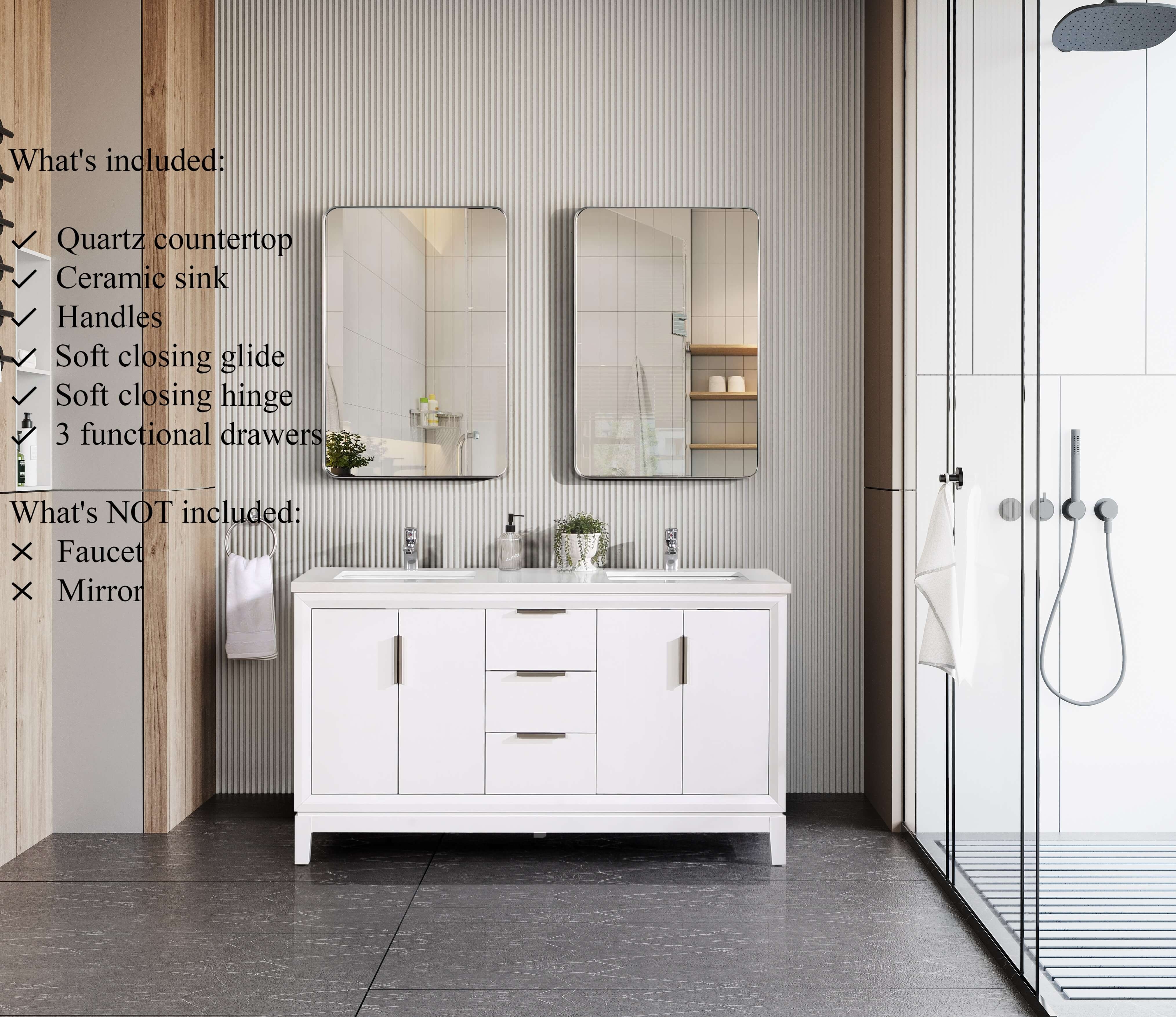 Valencia 60" Solid Wood Double Sink Free-standing Vanity with Quartz Countertop & Ceramic Sink