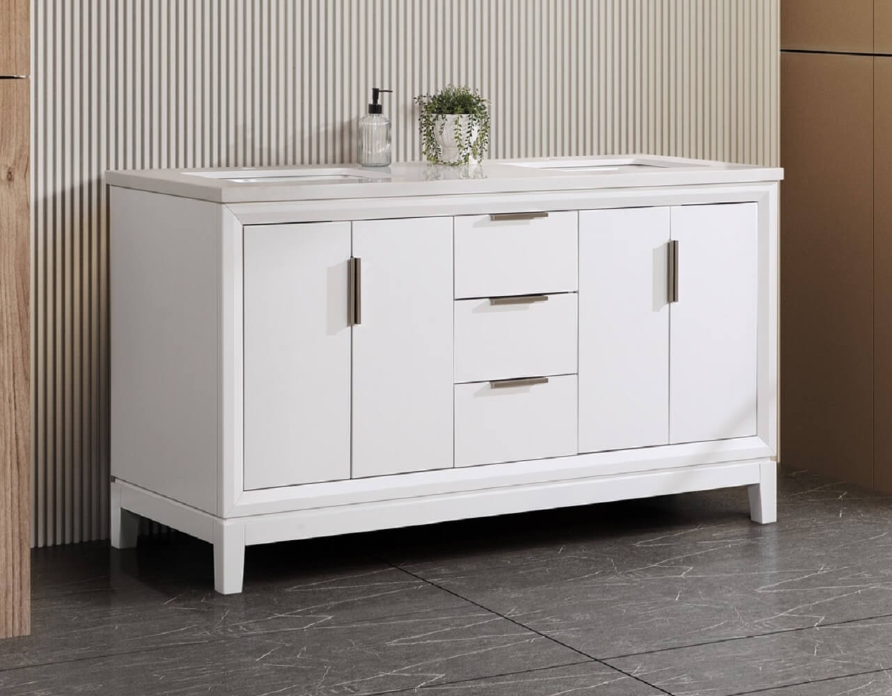 Valencia 60" Solid Wood Double Sink Free-standing Vanity with Quartz Countertop & Ceramic Sink