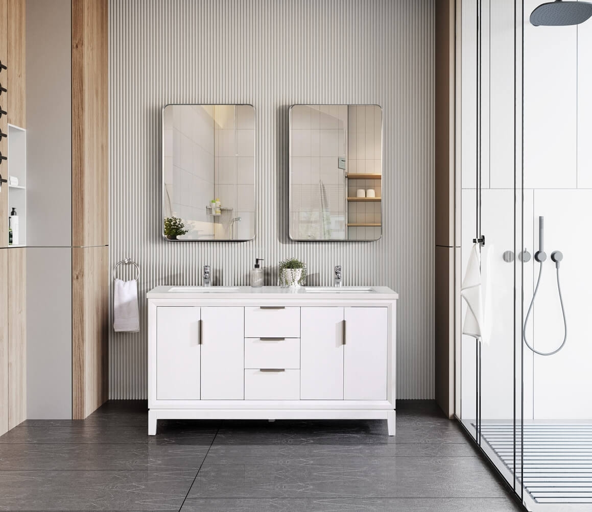 Valencia 60" Solid Wood Double Sink Free-standing Vanity with Quartz Countertop & Ceramic Sink