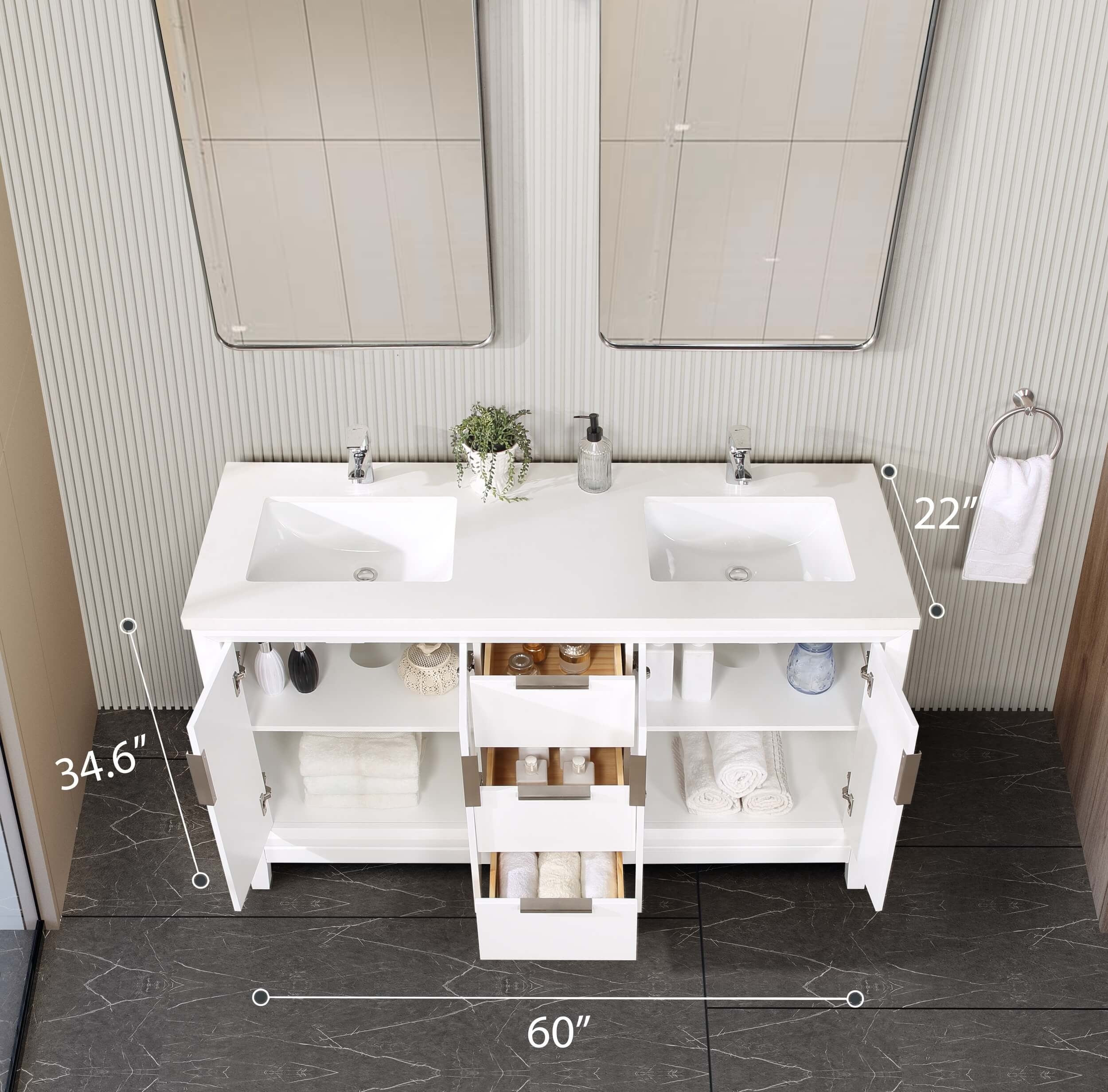Valencia 60" Solid Wood Double Sink Free-standing Vanity with Quartz Countertop & Ceramic Sink
