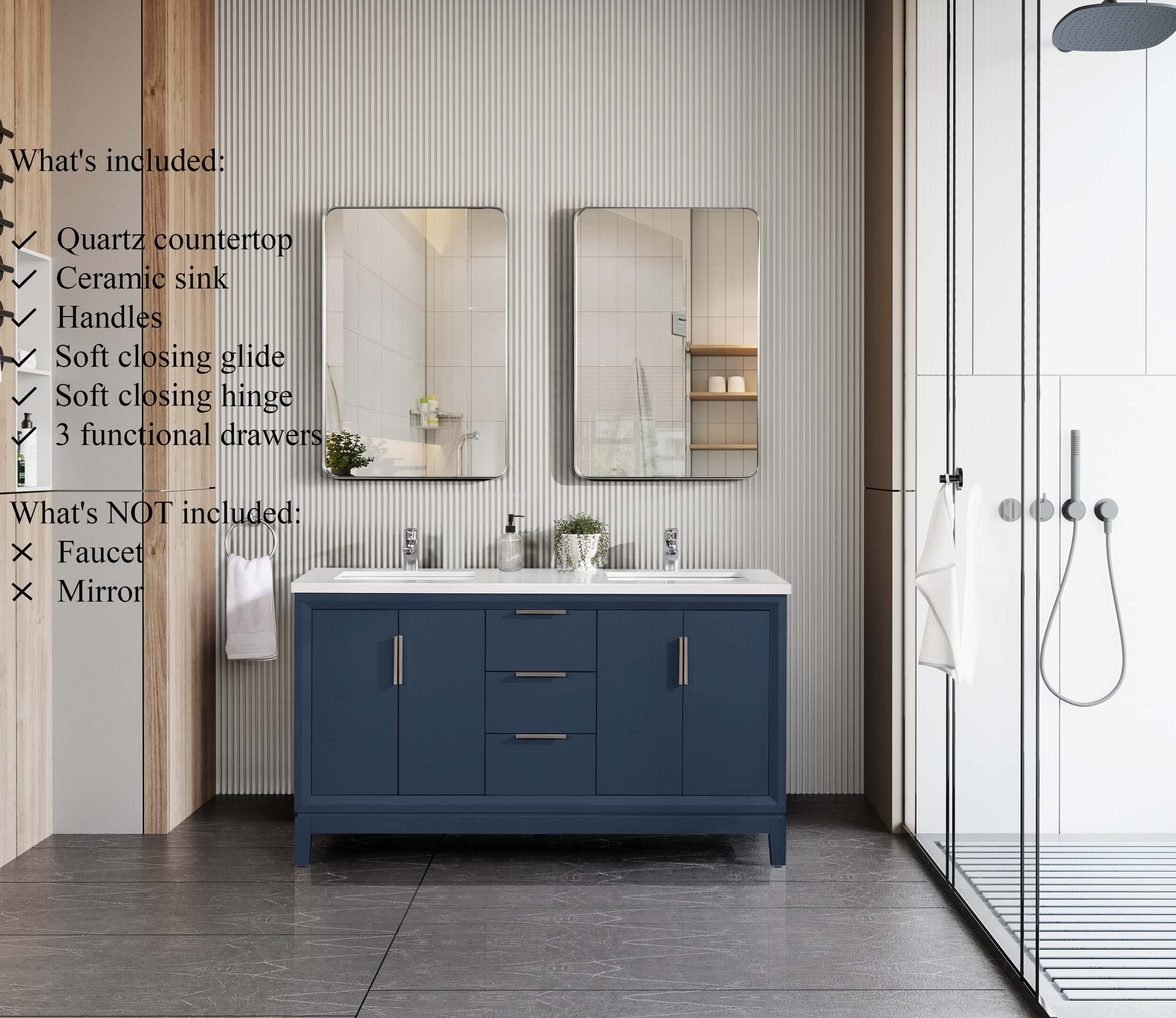 Valencia 60" Solid Wood Double Sink Free-standing Vanity with Quartz Countertop & Ceramic Sink