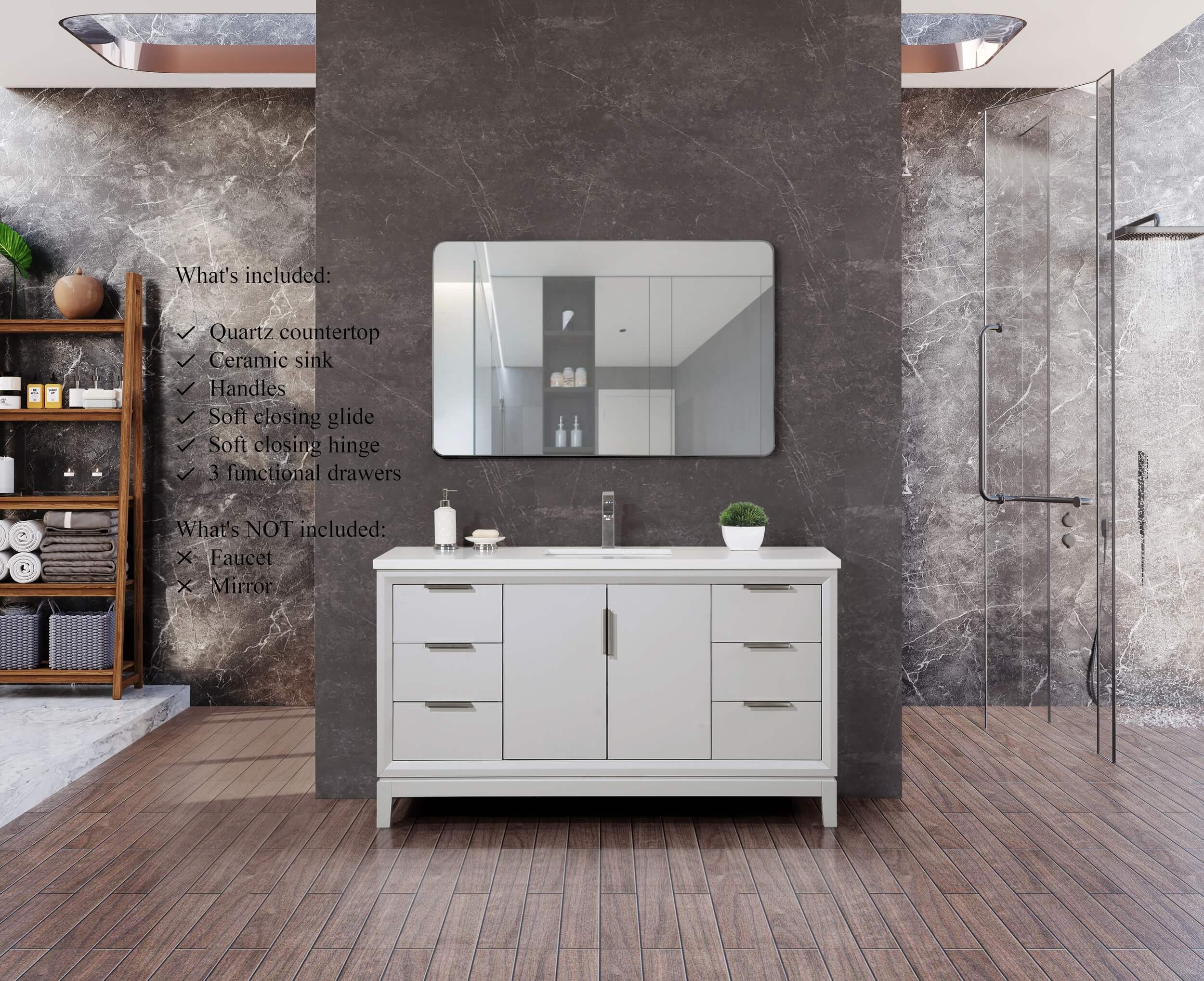 Valencia 60" Solid Wood Single Sink Free-standing Vanity with Quartz Countertop & Ceramic Sink