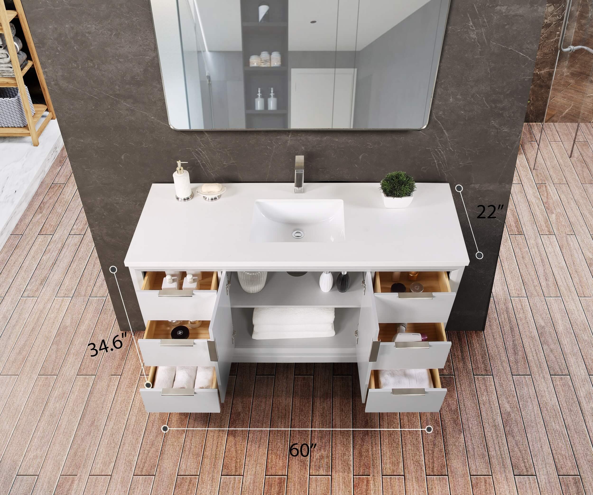 Valencia 60" Solid Wood Single Sink Free-standing Vanity with Quartz Countertop & Ceramic Sink