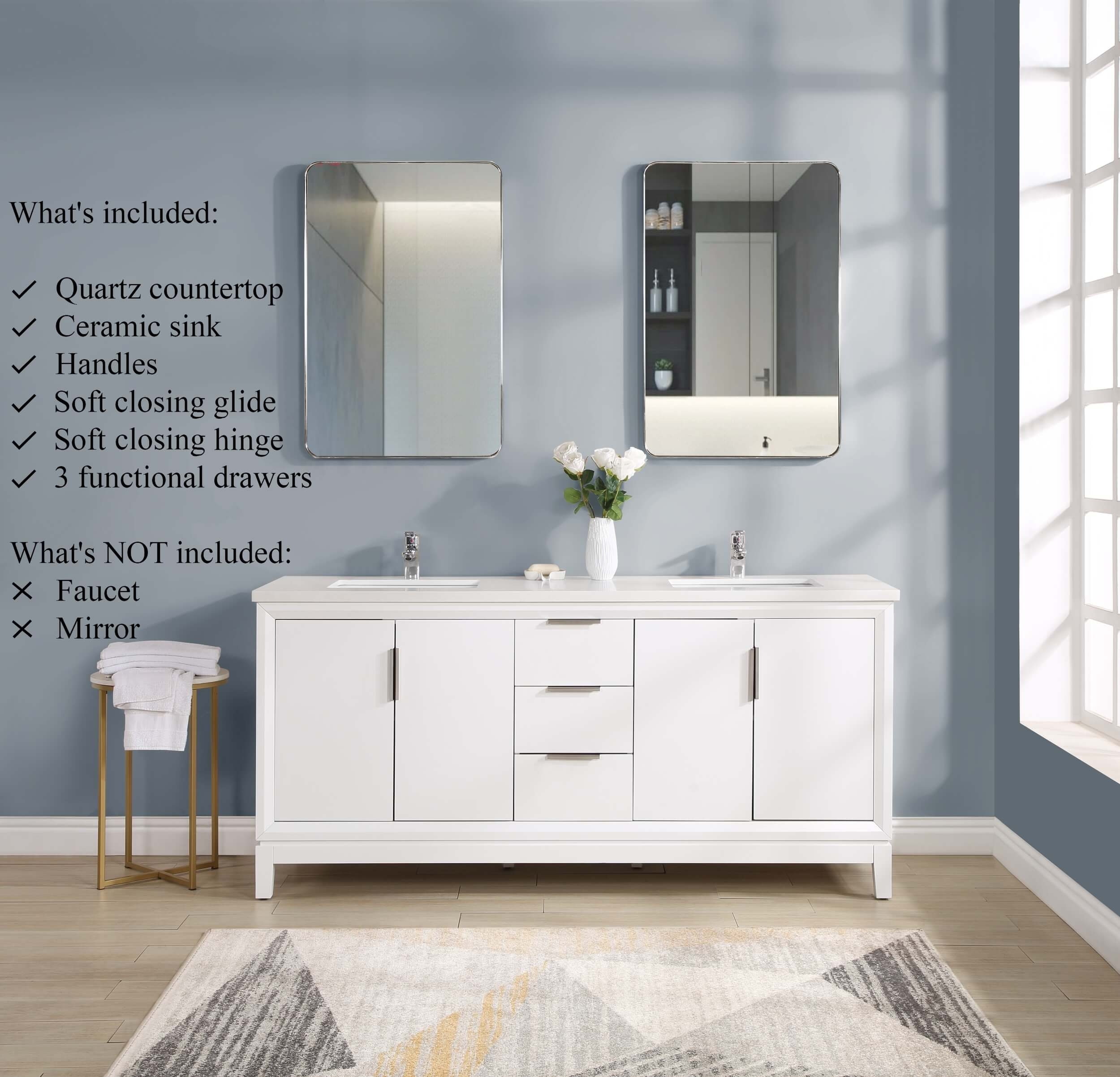 Valencia 72" Solid Wood Double Sink Free-standing Vanity with Quartz Countertop & Ceramic Sink