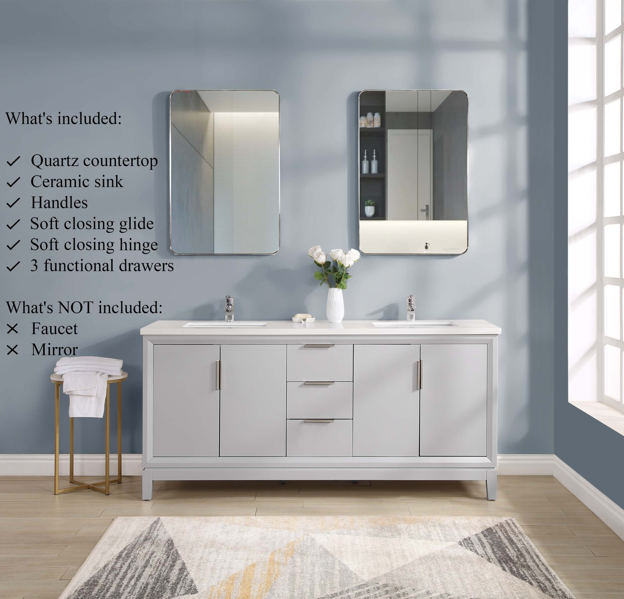 Valencia 72" Solid Wood Double Sink Free-standing Vanity with Quartz Countertop & Ceramic Sink