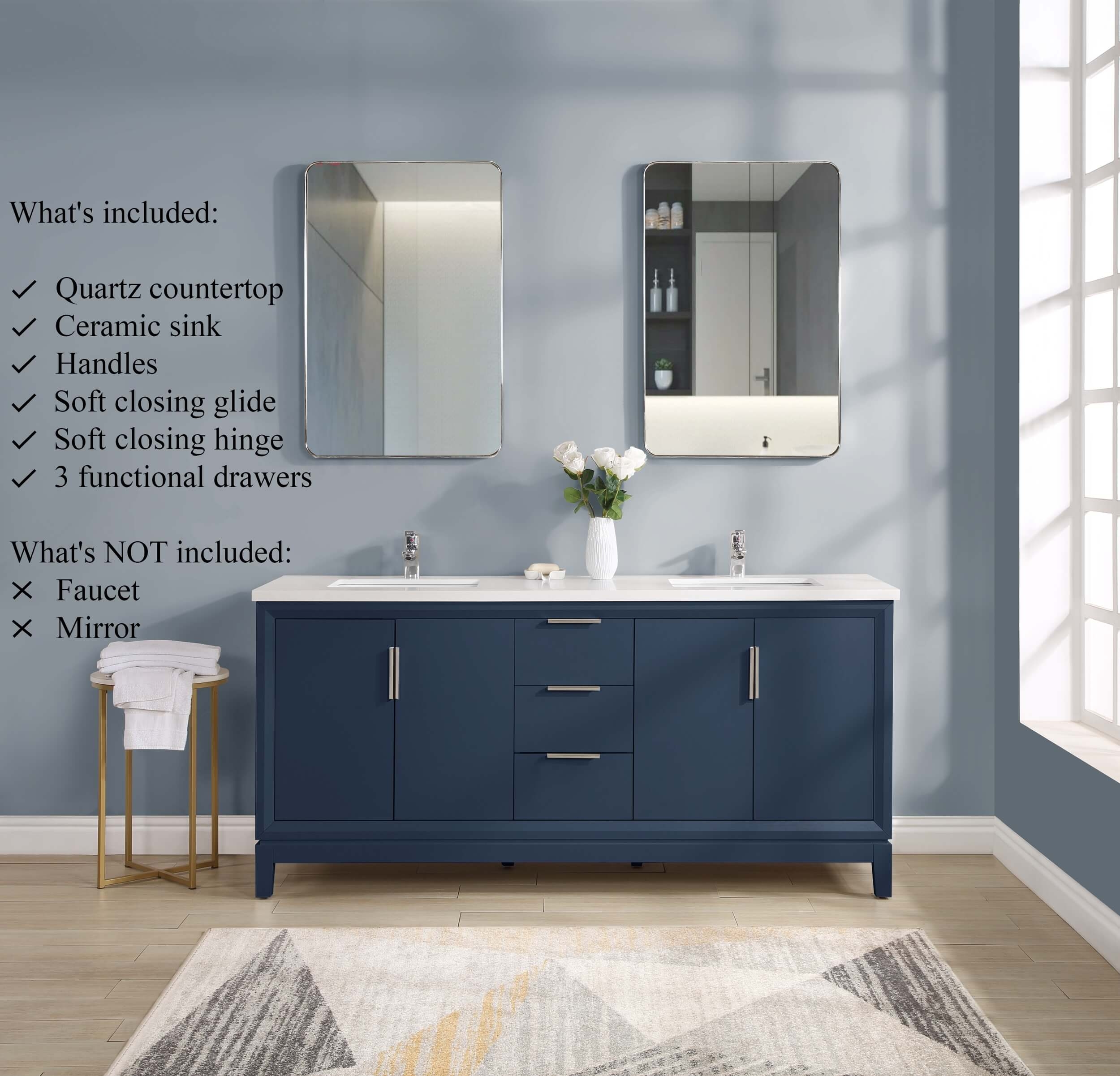 Valencia 72" Solid Wood Double Sink Free-standing Vanity with Quartz Countertop & Ceramic Sink