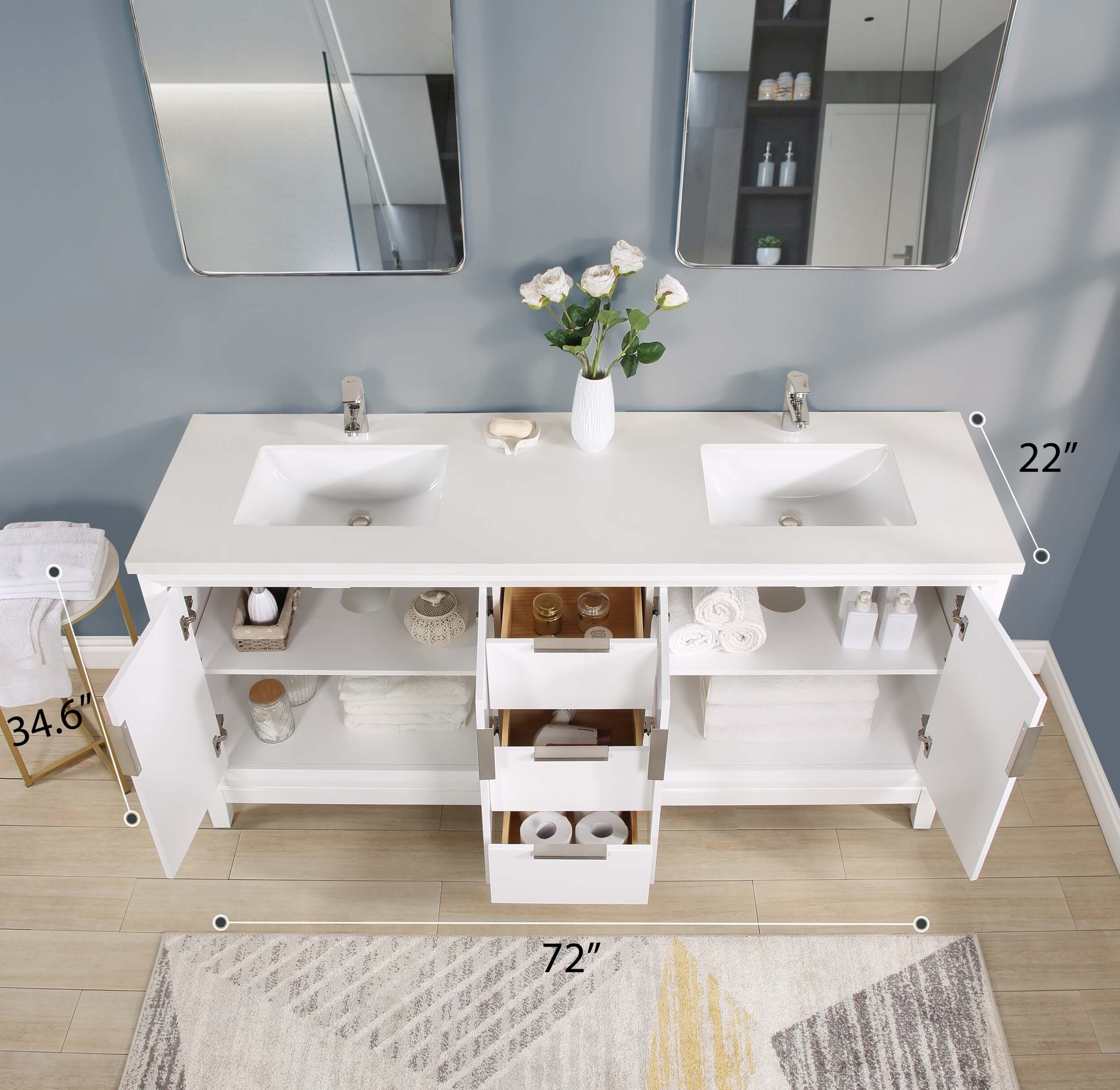 Valencia 72" Solid Wood Double Sink Free-standing Vanity with Quartz Countertop & Ceramic Sink