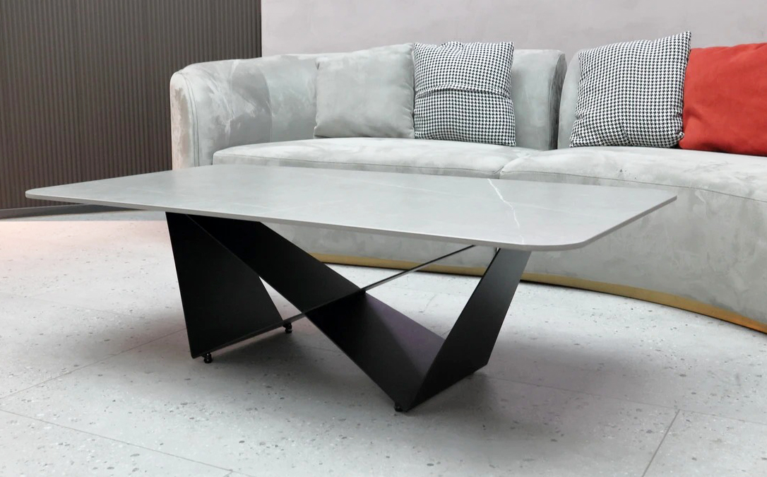 Vex Rectangular Porcelain Top Storage Coffee Table with V-Shaped Structural Metal Legs