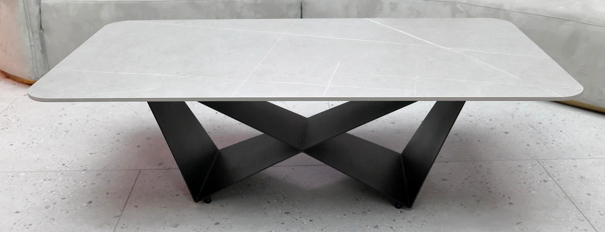 Vex Rectangular Porcelain Top Storage Coffee Table with V-Shaped Structural Metal Legs