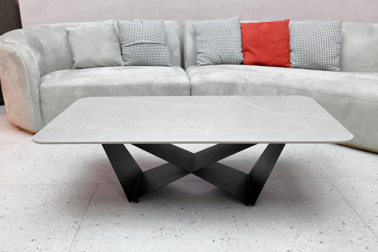 Vex Rectangular Porcelain Top Storage Coffee Table with V-Shaped Structural Metal Legs