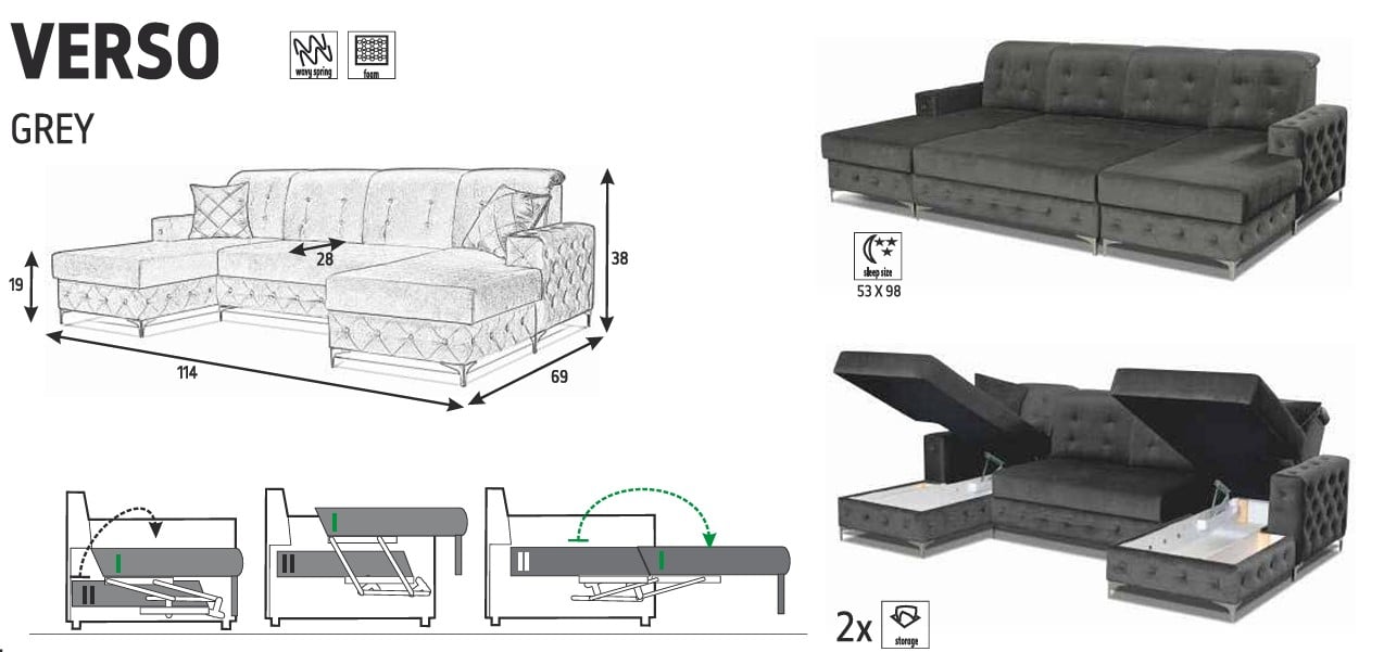 Verso U-Shaped Fabric Convertible Storage Sectional Sofa