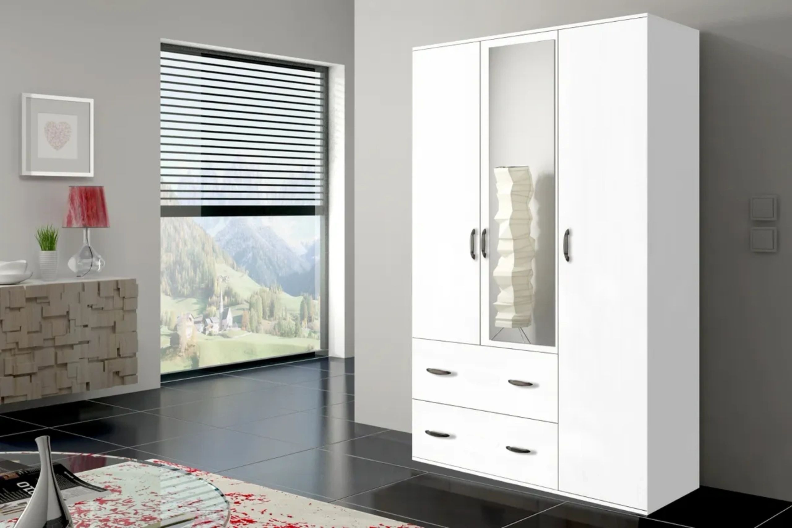 Orlando 47-inch 3-Door Matte Wood Wardrobe with 2 Drawers & Mirror