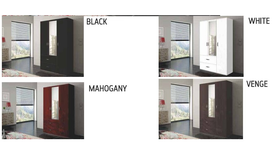 Orlando 47-inch 3-Door Matte Wood Wardrobe with 2 Drawers & Mirror