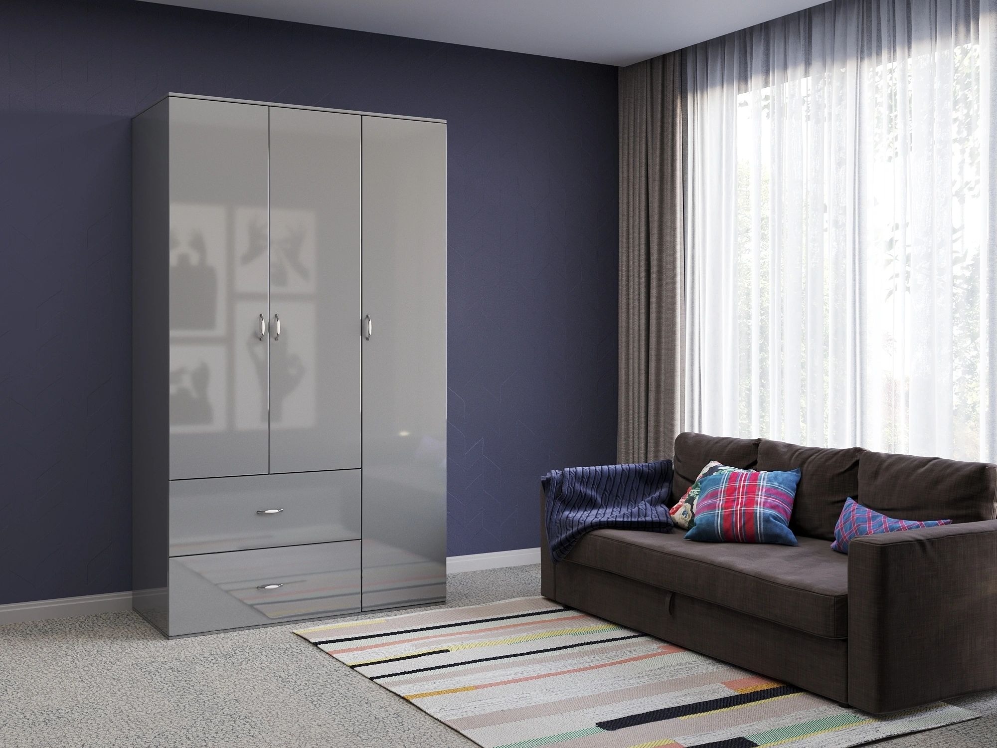 Orlando 47-inch 3-Door Glossy Wood Wardrobe with 2 Drawers