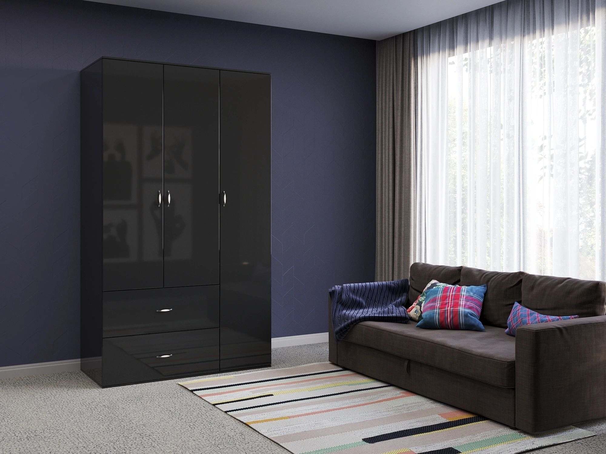 Orlando 47-inch 3-Door Glossy Wood Wardrobe with 2 Drawers