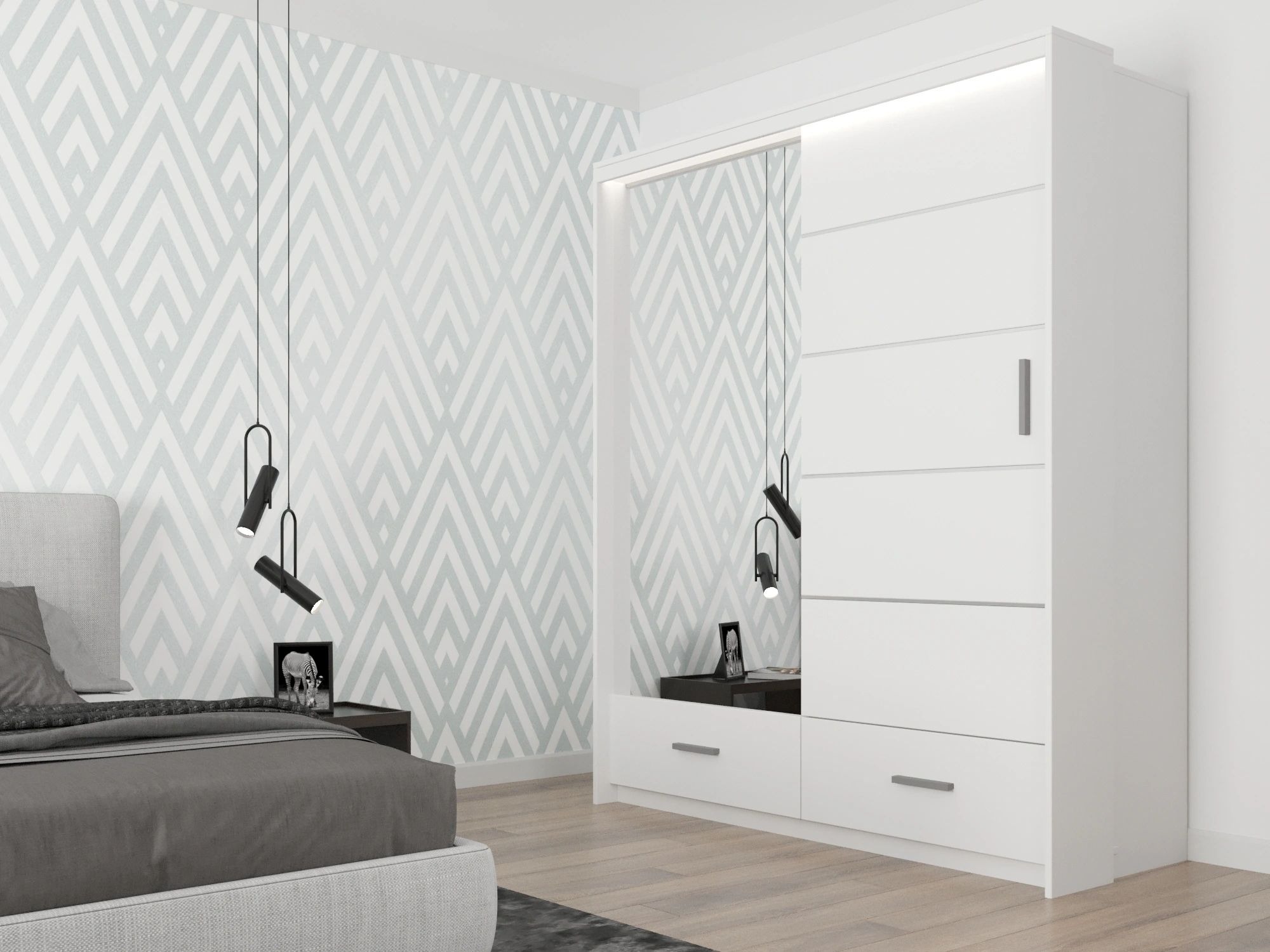 Sylvia 2-Door Wardrobe with 2 Drawers & LED Lighting & Mirror