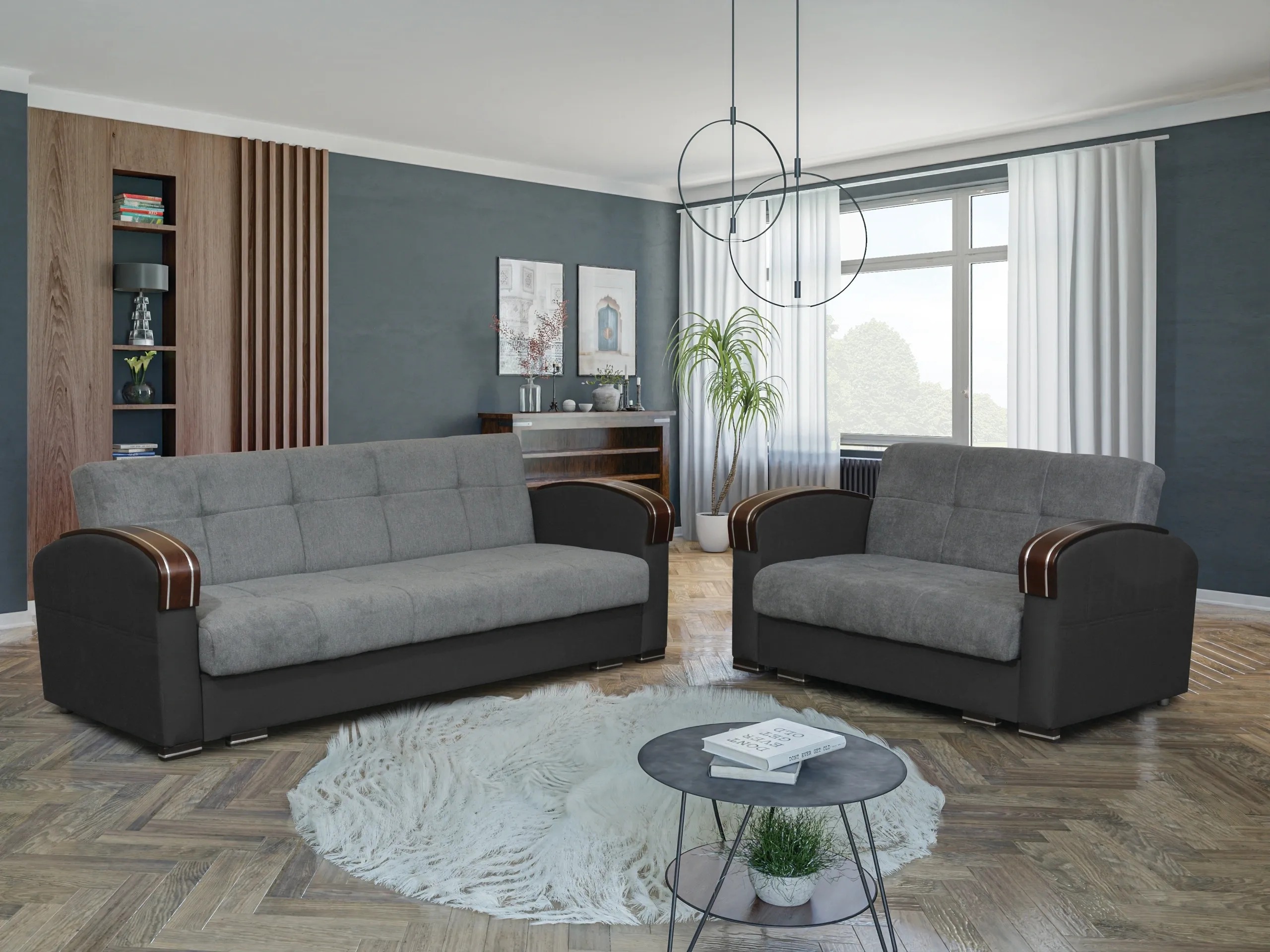 Samantha Fabric Seat/Back & Leather Sides Convertible Storage Loveseat