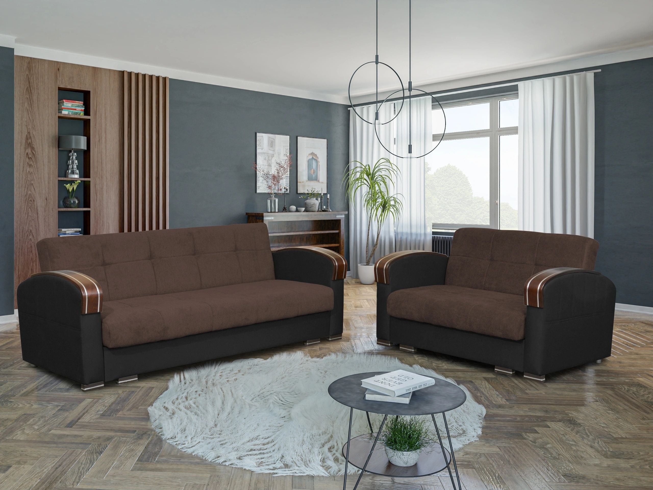 Samantha Fabric Seat/Back & Leather Sides Convertible Storage Loveseat