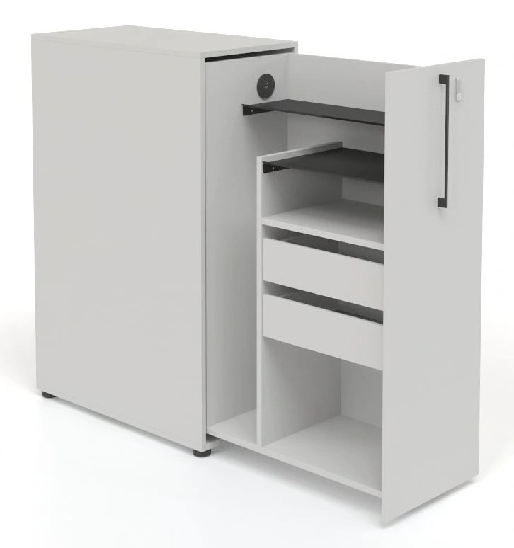 Boxi Office Lockable Storage Tower w/1 Shelf, 2 Metal Shelves, 2 Small Drawers & USB Port