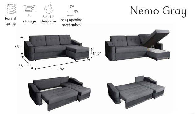Nemo L-Shaped Fabric Convertible Storage Sofa