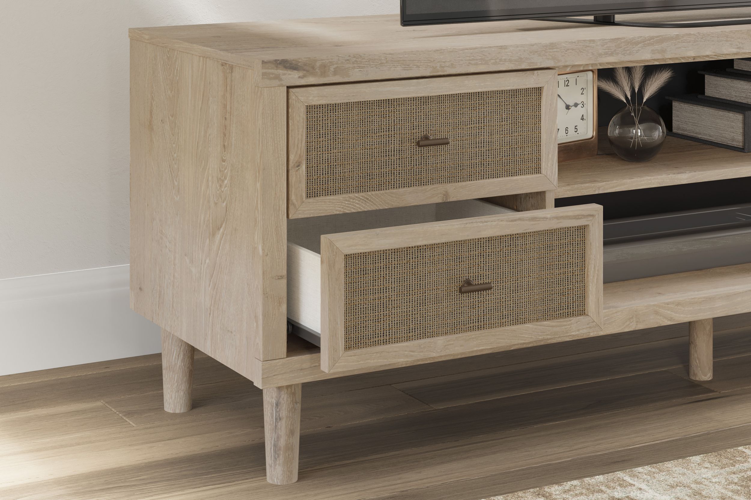 Cielden 72" XL Modern TV Stand - Two-Tone Oak & Beige Cane