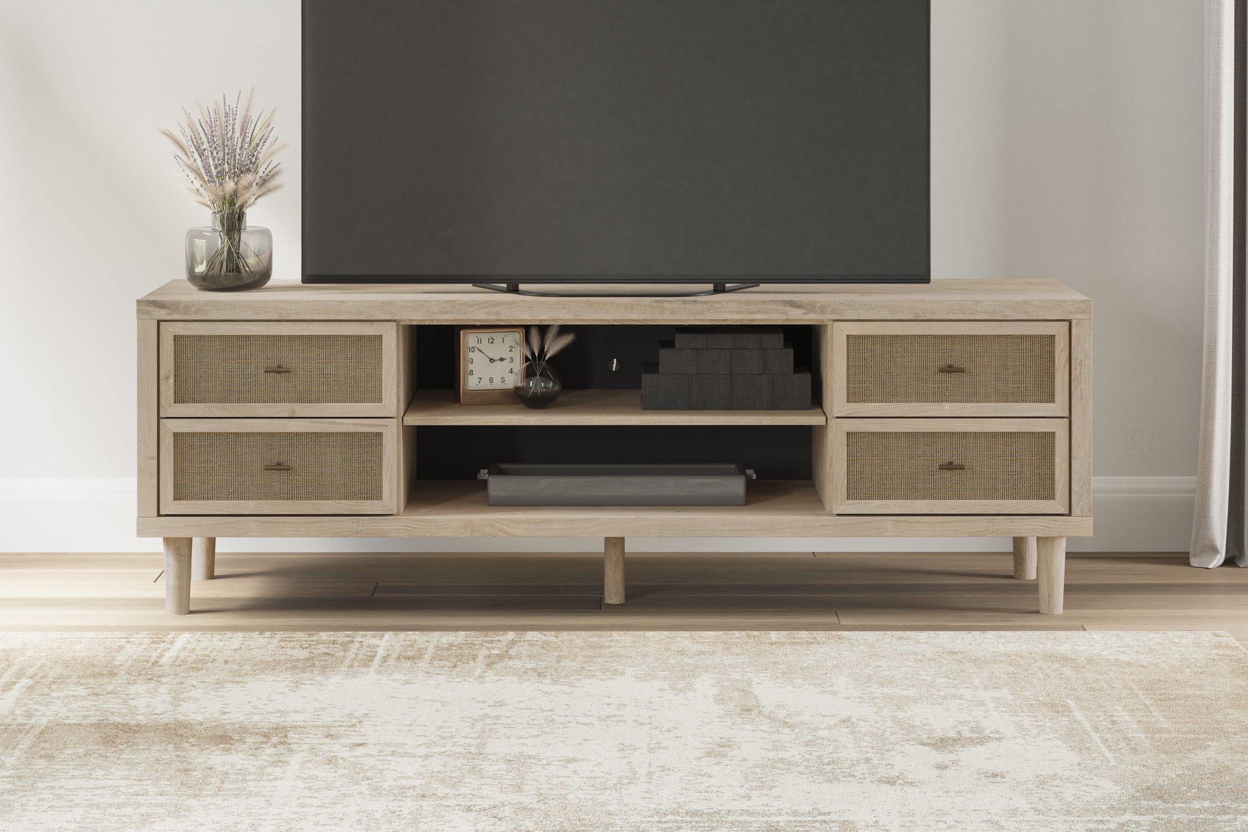 Cielden 72" XL Modern TV Stand - Two-Tone Oak & Beige Cane