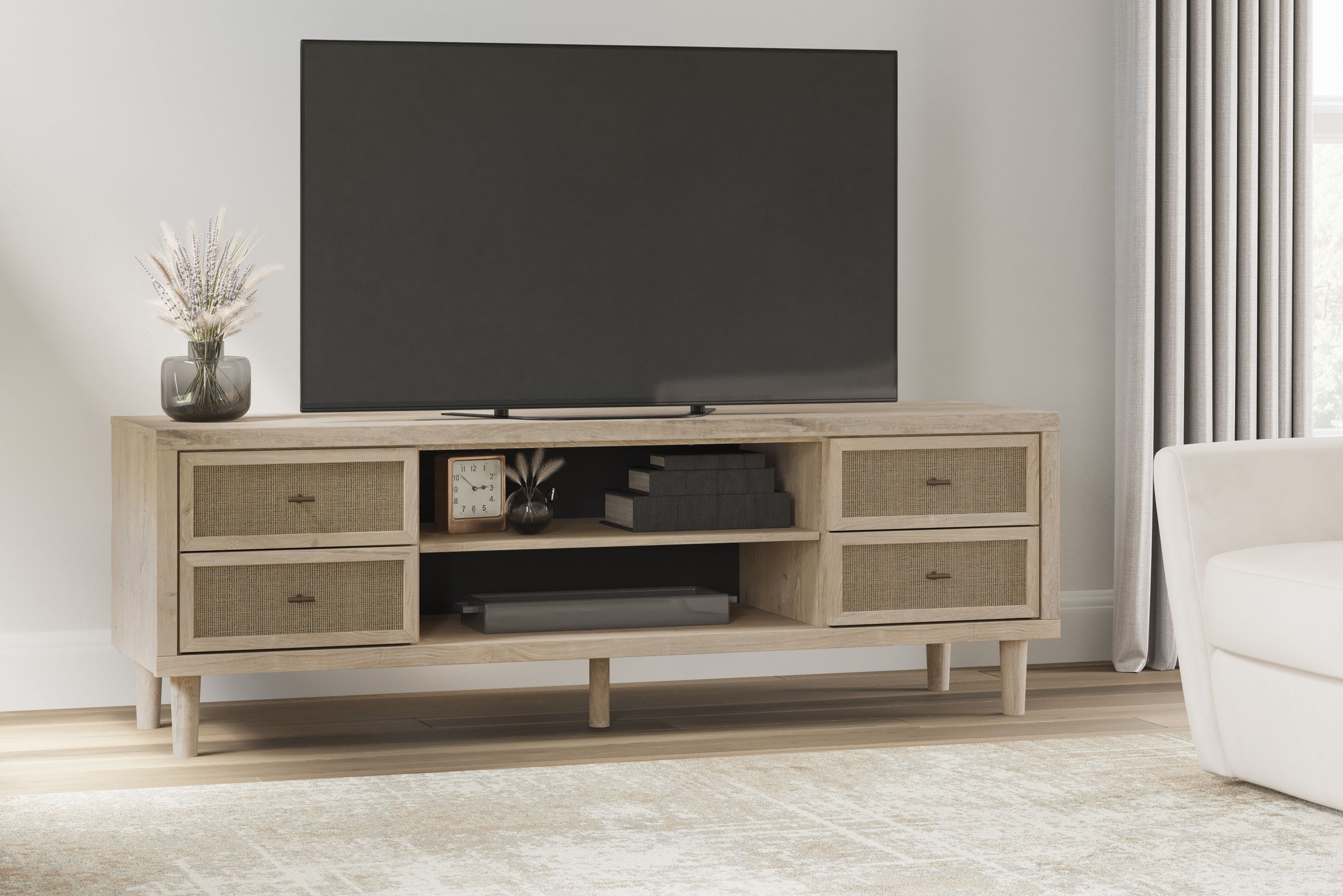 Cielden 72" XL Modern TV Stand - Two-Tone Oak & Beige Cane