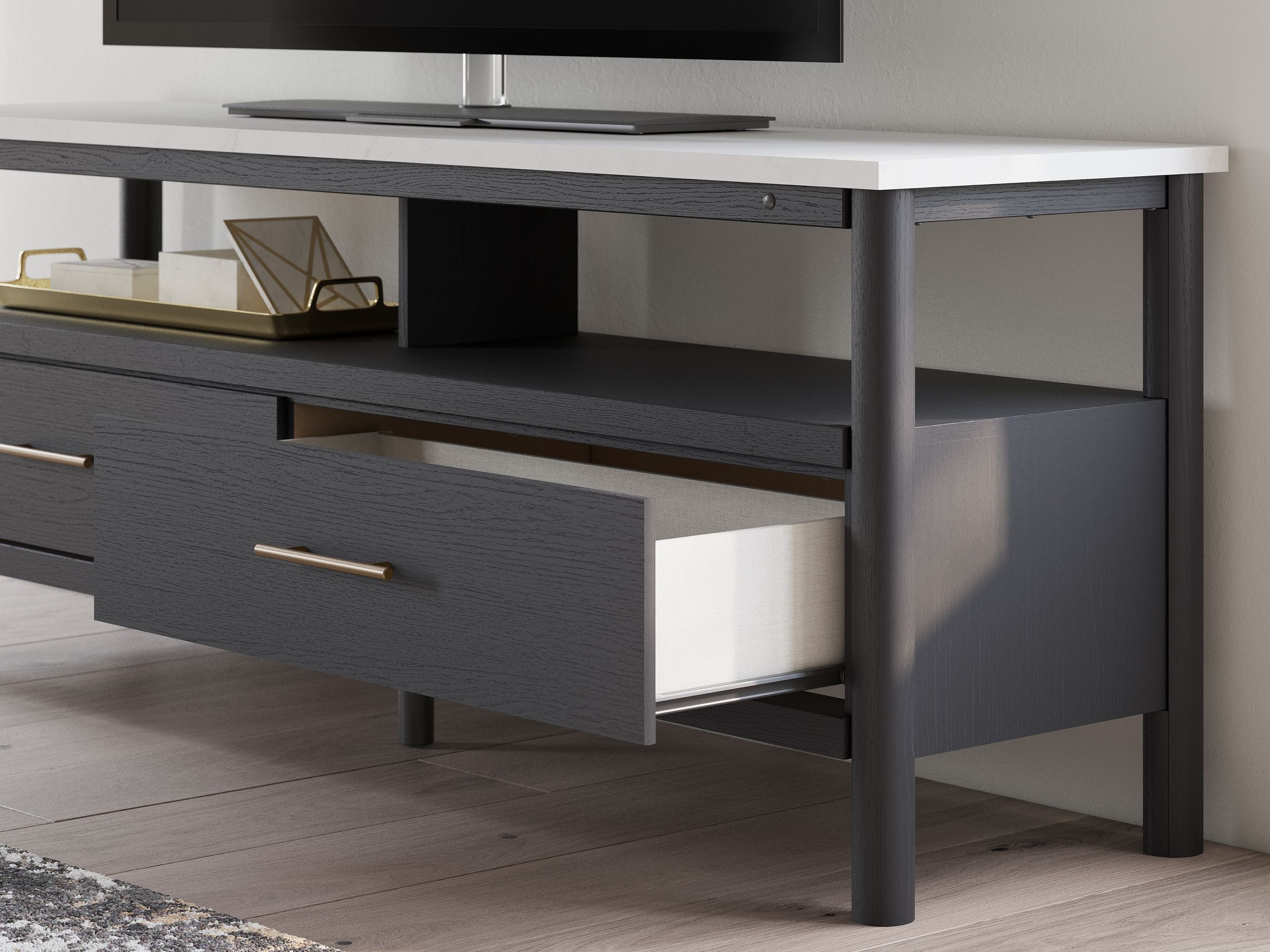 Cadmori 74" XL Modern TV Stand - Black with White Marble Top