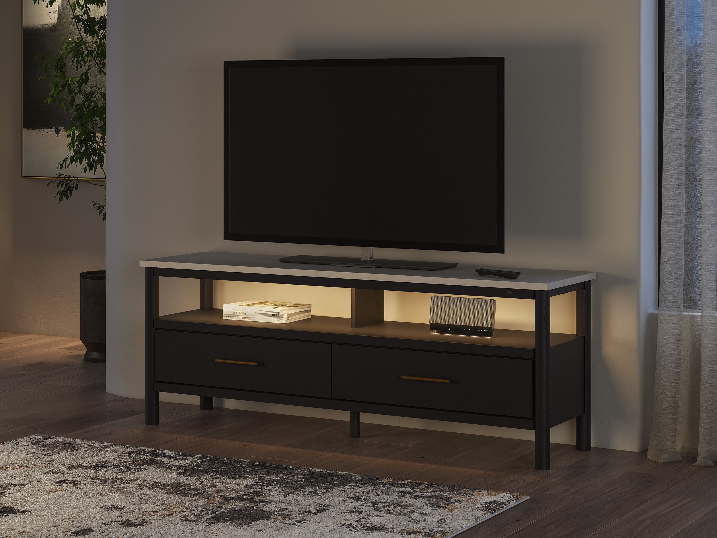 Cadmori 74" XL Modern TV Stand - Black with White Marble Top
