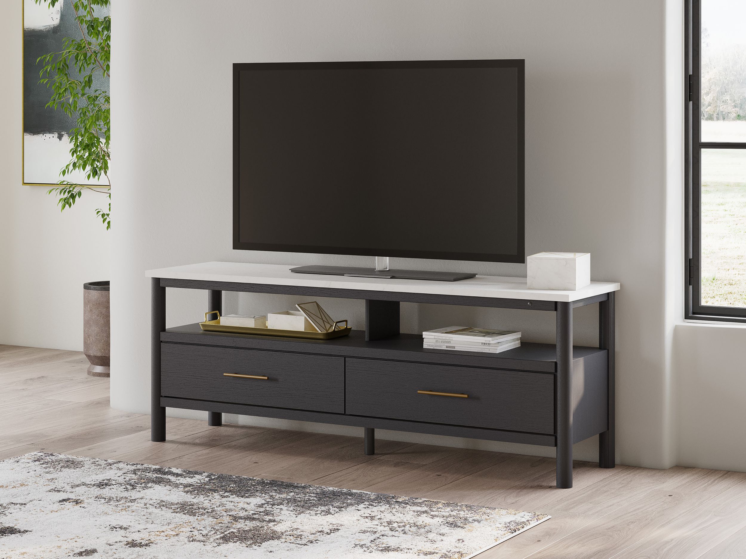 Cadmori 74" XL Modern TV Stand - Black with White Marble Top