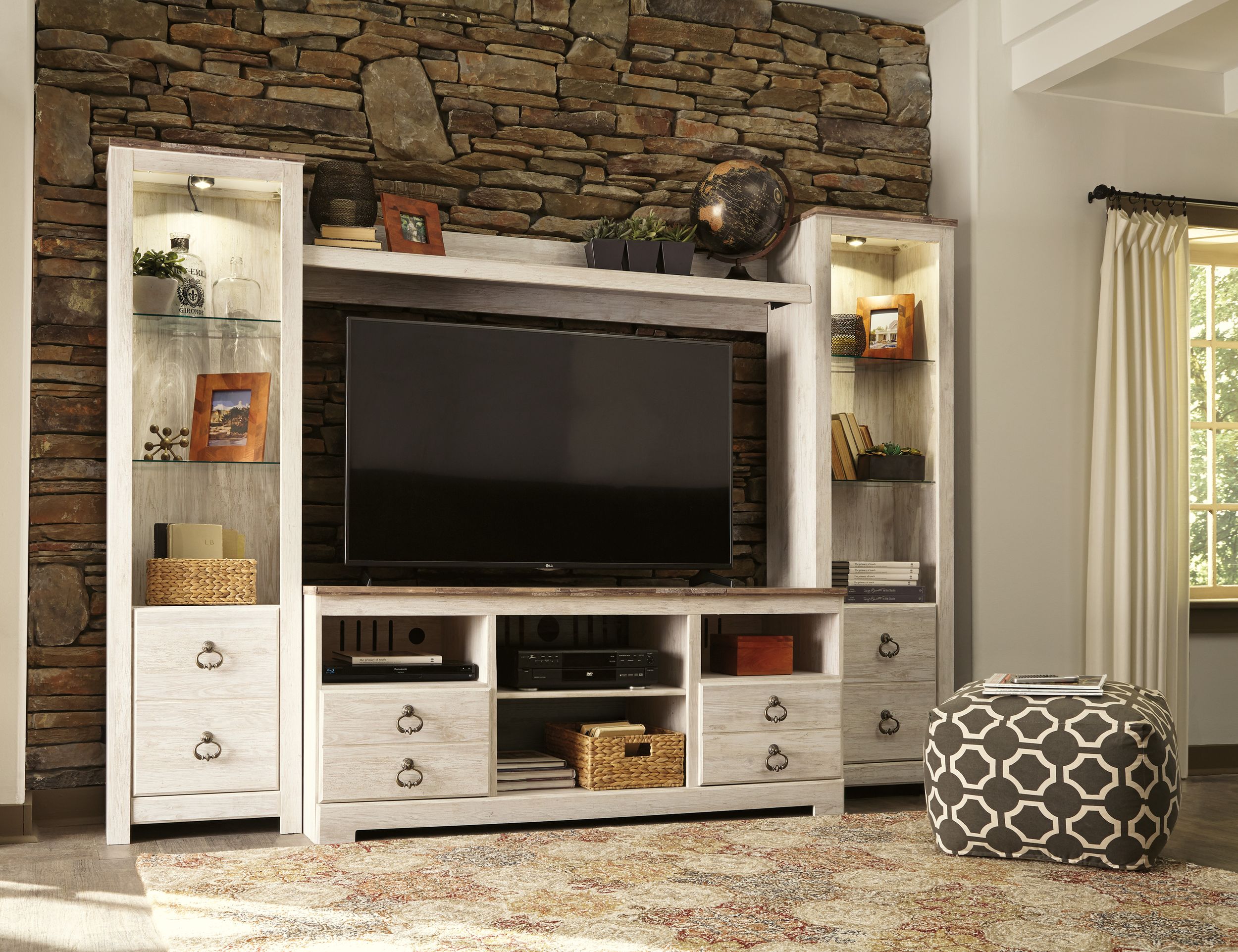 Willowton 4-Piece Coastal Entertainment Wall with Bridge - Whitewash