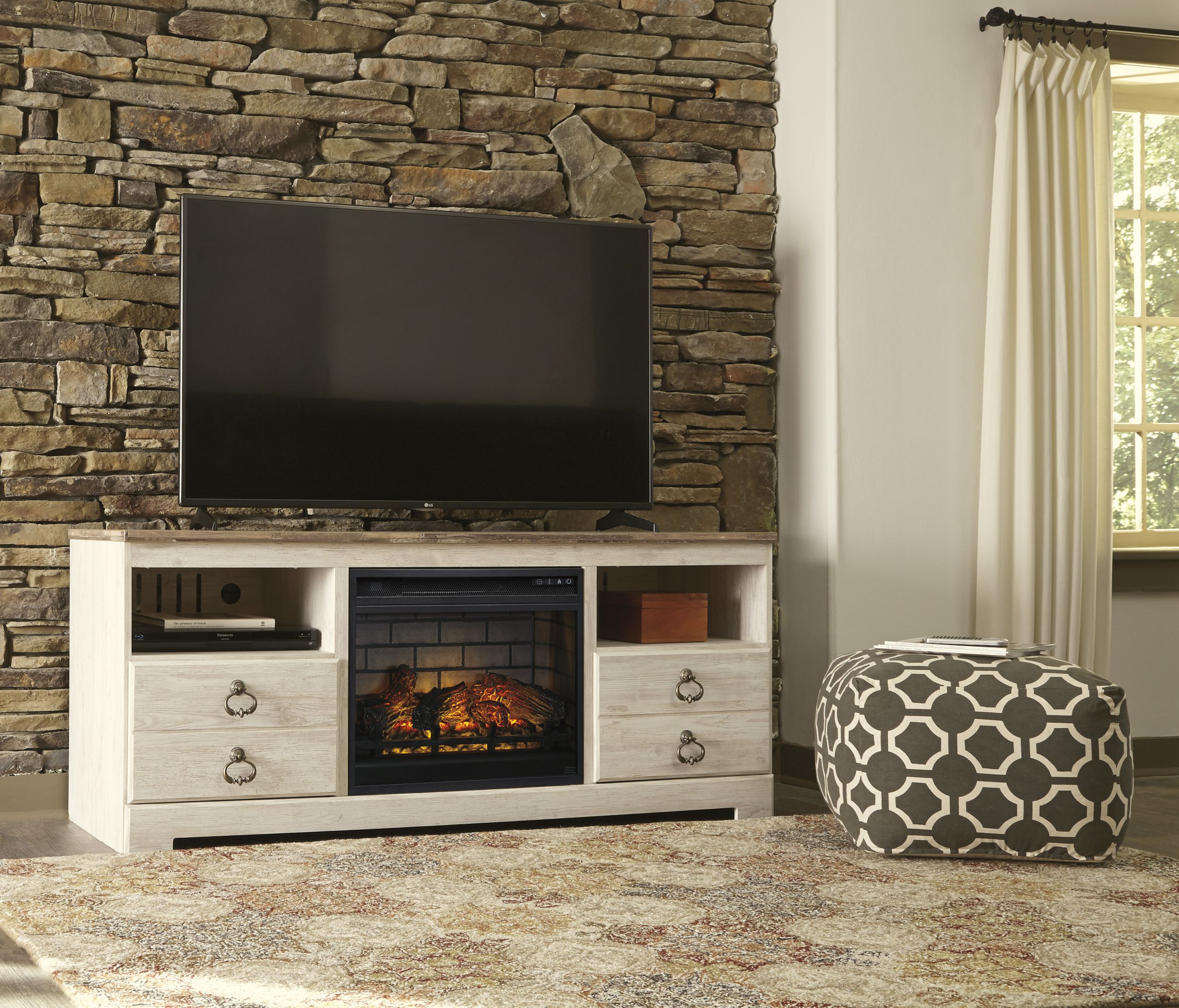 Willowton 64" Coastal Fireplace TV Stand - Whitewash Finish