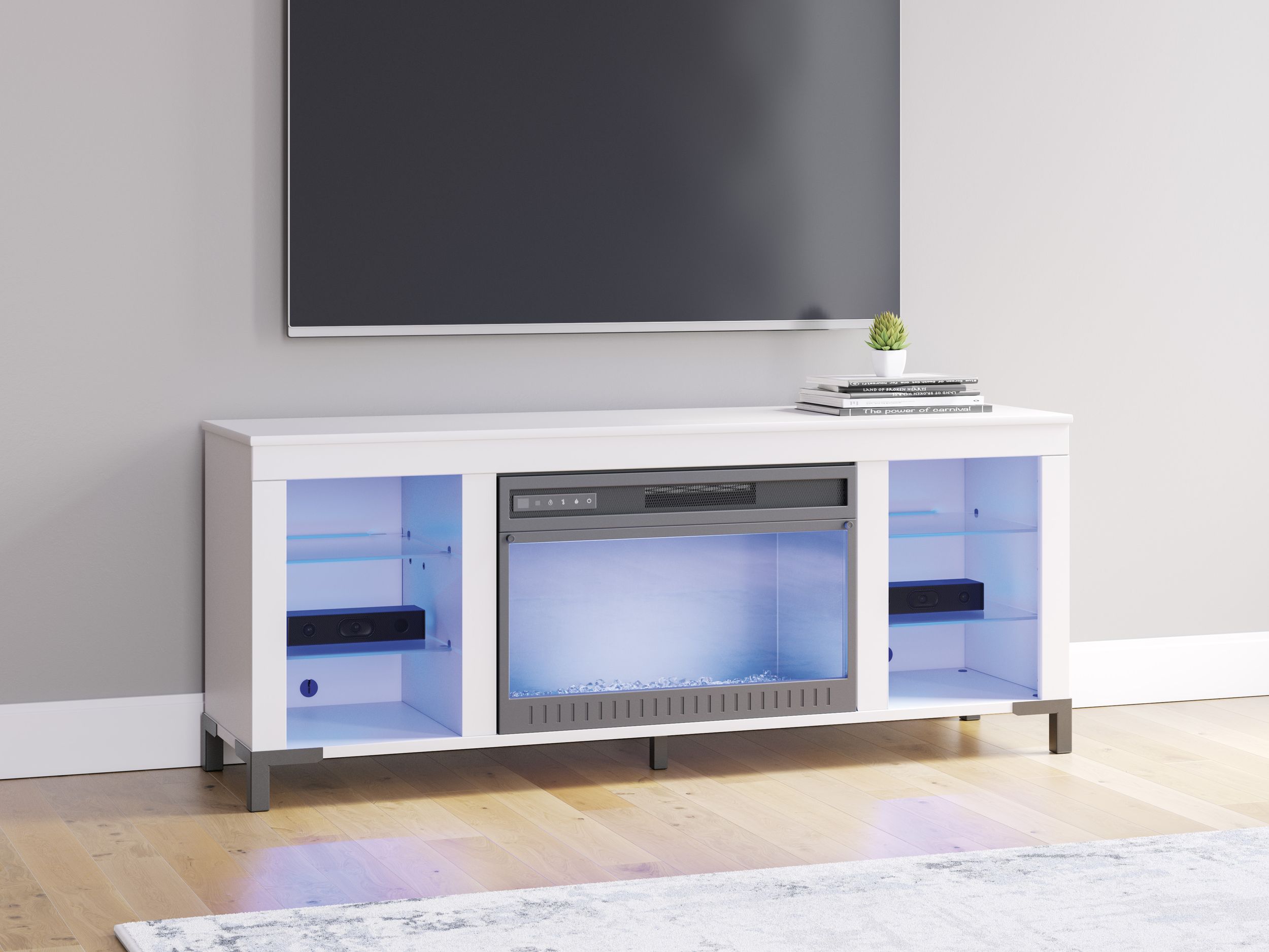 Brollevi 72" Modern White Fireplace TV Stand - LED Lighting & High Gloss