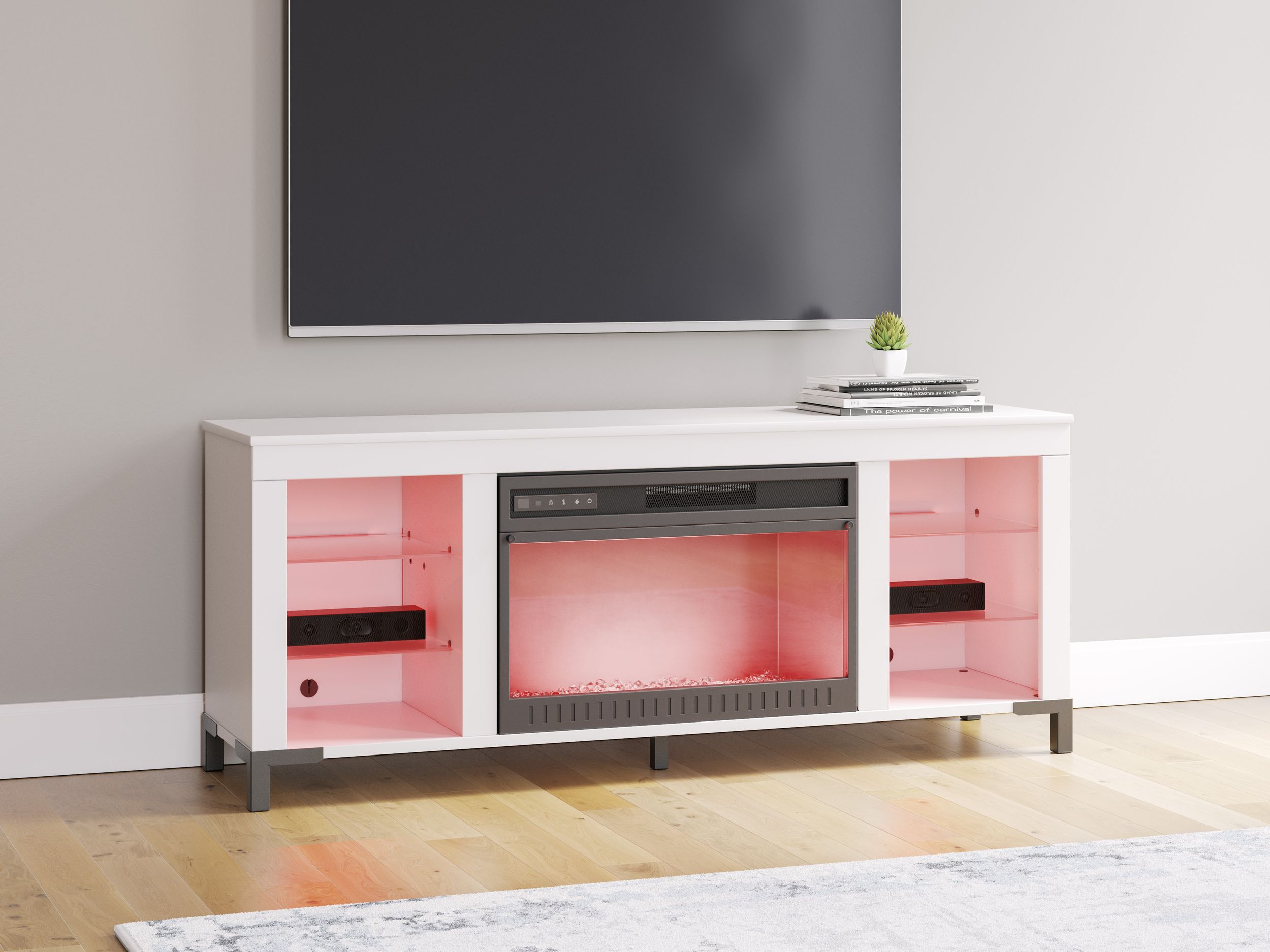 Brollevi 72" Modern White Fireplace TV Stand - LED Lighting & High Gloss
